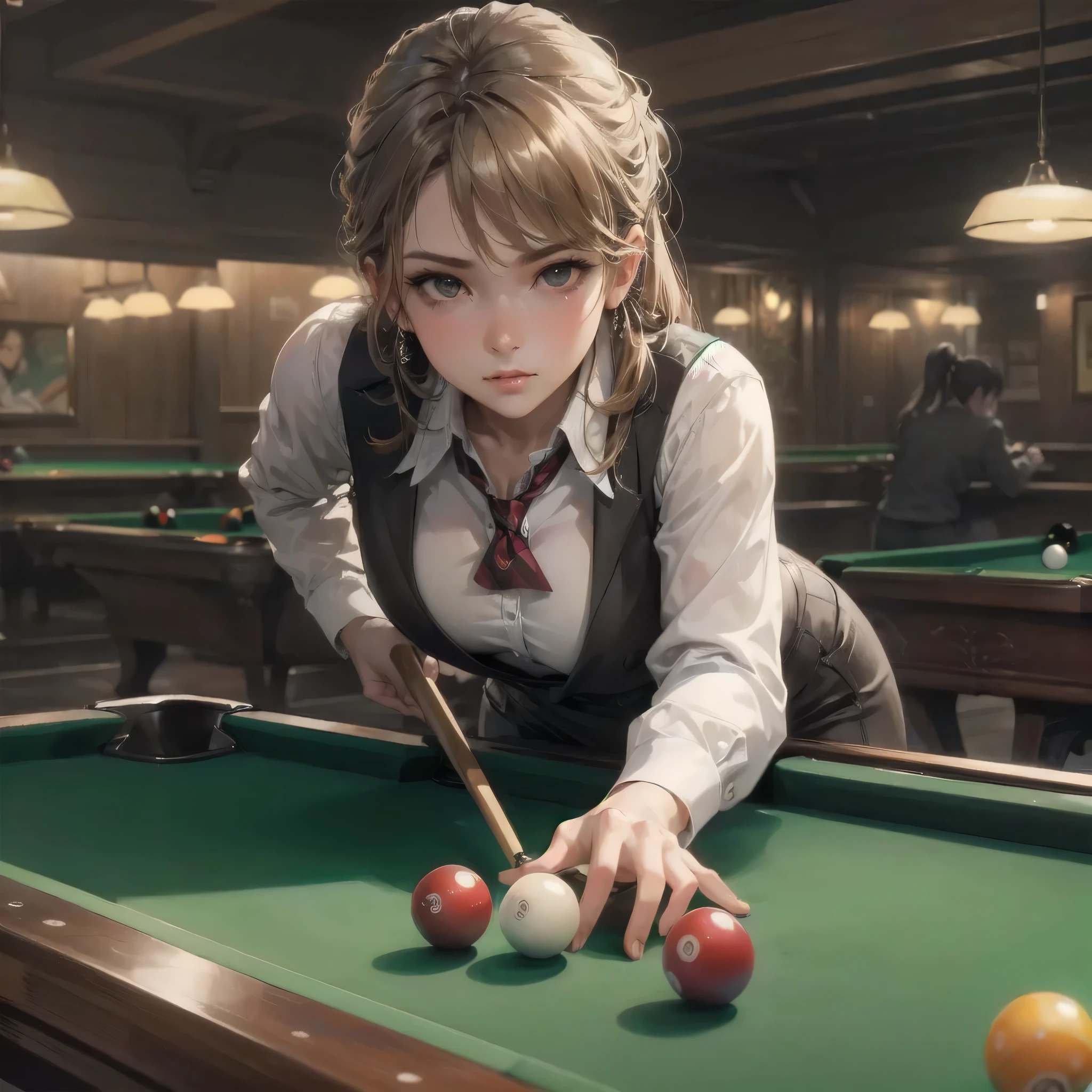 masterpiece, (textured skin), best quality, gorgeous beautiful girl, (a female billiard athlete), detailed clothes,large breasts,narrow waist,, (beautiful face), cinematic lighting, (at billiard venue ),