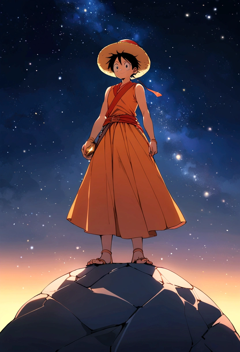 Monkey D Luffy Wano, On top of a big stone, Looking at the horizon, Orange clothes, Night sky and starry sky, Bright stars in the sky, woman, peace sign