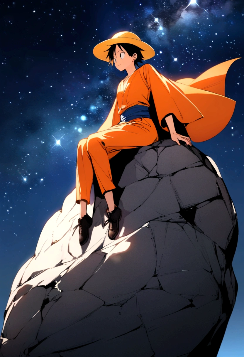 Monkey D Luffy Wano, On top of a big stone, Looking at the horizon, Orange clothes, Night sky and starry sky, Bright stars in the sky, woman, peace sign