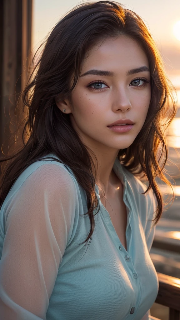 Draw a picture, (photorealistic:1.4), (hyperrealistic:1.4), (realistic:1.3), (smoother sunset lighting:1.05), (increase Fujicolor quality:0.9), (absurd: 1.3), (best quality), (ultra sharp), (She is a phenomenal model, 24 years old), realistic lighting, backlighting, light on face, ray trace, (brightening light:1.2), (Increase quality:1.4), (best quality real texture skin:1.4), finely detailed eyes, finely detailed face, finely quality eyes, brown aqua eyes,