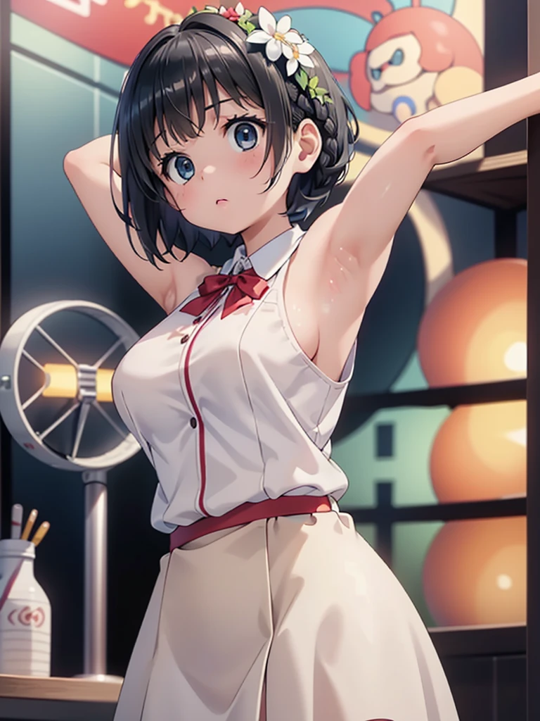 Highest quality、High resolution、Detailed Background、Beautiful Face、High detail、(Perfect Anatomy, Perfect Style)、(Detailed facial expressions)、(fine grain:1.2)、age Beauty、(very wide shot:1.5), One Girl、Elementary school students, Cute black hair、Braided Bob, Braided, clear, deep blue eyes、Braided Ponytail, Braided bob cut, Basketball game, jumping:1.5, dunking:1.5, Floating in the air:1.5, ((shoot from below:2, looking up)), (Shiny crimson uniform:1.5, Blue Line, No sleeve:1.5)、((armpit:1.5)), ((large breasts:1.2, pointy breasts:1.2, high breasts:1.2)), Slamming a basketball into the basketball goal, Focus on the entire basketball court