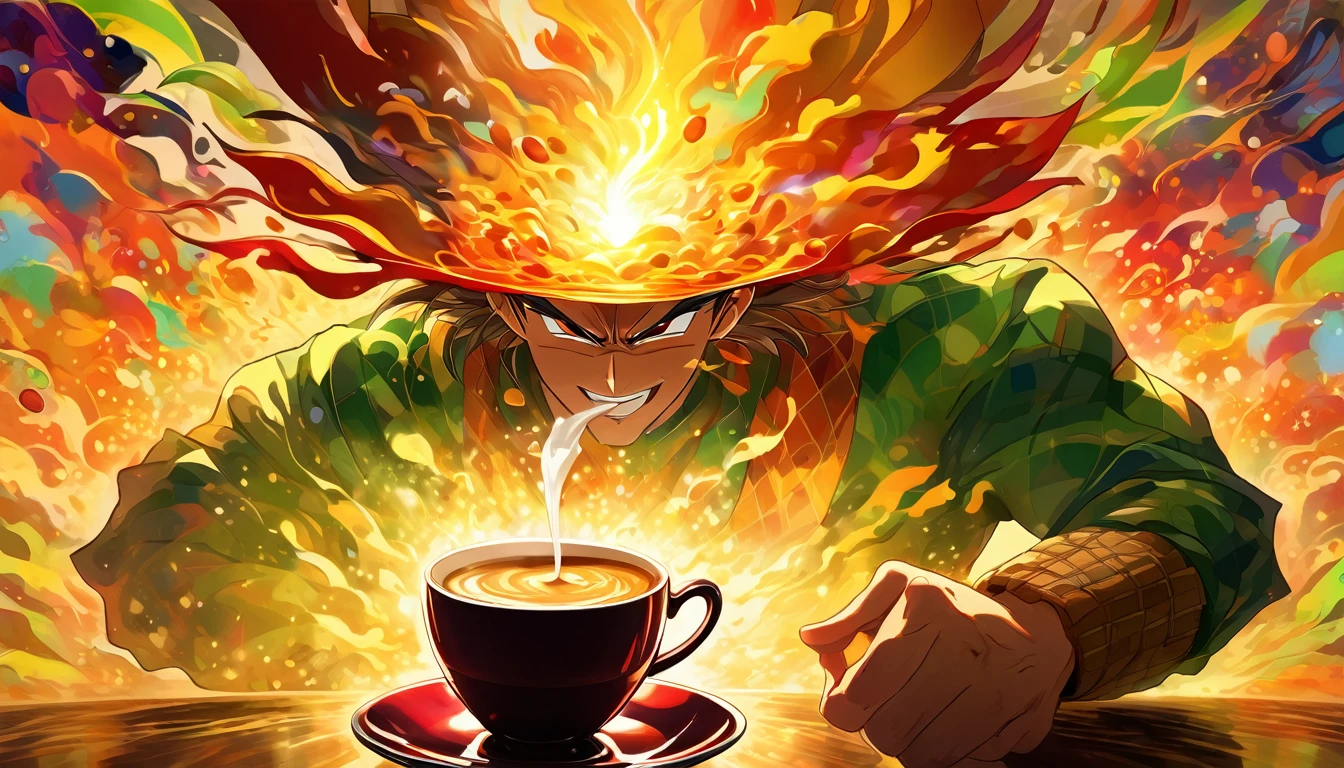 Create a vibrant, colorful image that represents the strength of coffee, in an anime style. In the center, place a steaming cup of coffee with a liquid of deep, rich color, emanating an energetic aura. Behind the cup, add a muscular country man style man, with a plaid shirt and straw hat to symbolize the energy and vitality provided by coffee. Around the cup and the man, include elements like bright coffee beans and fresh green leaves. Incorporate rays of golden light radiating from the cup to reinforce the feeling of energy. The background should be a kaleidoscope of bright colors like red, orange, yellow and green, creating a feeling of dynamism and power. The image should convey the idea that coffee is a powerful source of energy and revitalization, with an anime stylistic touch.