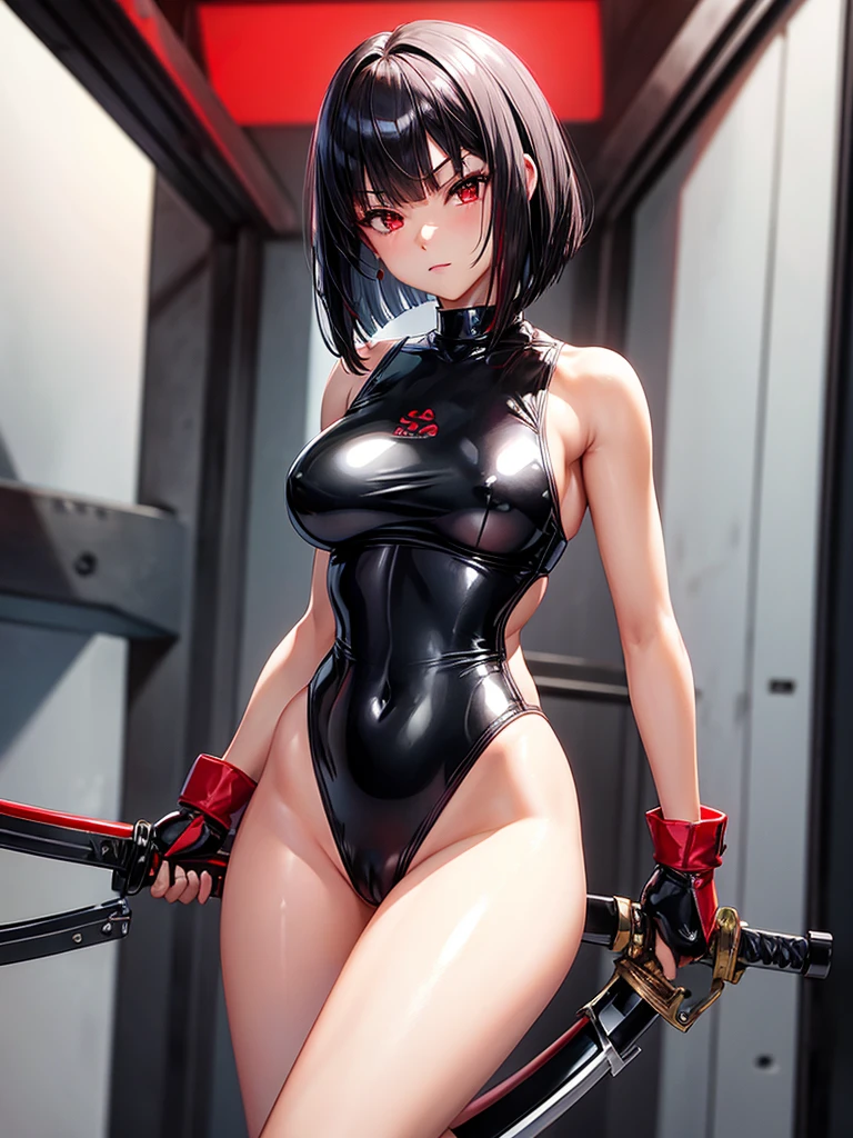 solo girl,Glossy metalic light silver tank top, tight latex shiny, Red interpolation color,Black hair bob,red eyes, camel toe, Samurai Sword,
Lift one leg, sexy lady, กางเกงใน girl,