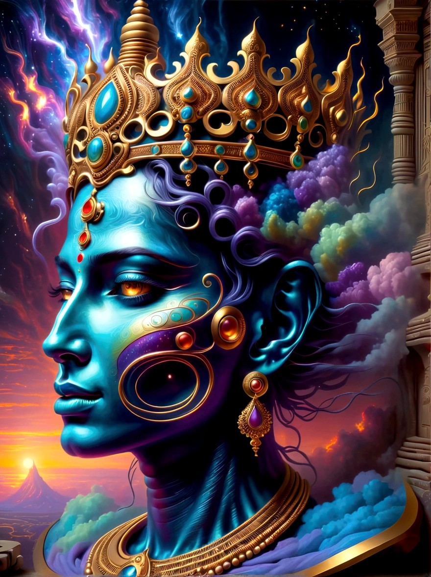 A cosmic scene featuring an extraterrestrial entity with demonic characteristics. The entity's form is composed of phosphorescent light, resembling the cosmic bodies in the dark universe around it. It is presented in a grand, epic manner, with it overlooking the Earth and radiating a mysteriously dark fire. The entity carries both esoteric and hidden aspects, akin to the Hindu god Shiva. A royal atmosphere fills the background, showcasing a large regal, intricate crown, indicative of high-ranking royal jewelry. Elements of both nature and robotics are woven into its design. The full shot is symmetrical, giving way to a balanced composition. Interplay of hyperrealistic textures and dynamic lighting creates a fantastical look. Note that the style should resemble pre-20th century romanticism in oil painting, highlighting dramatic, emotional impacts.