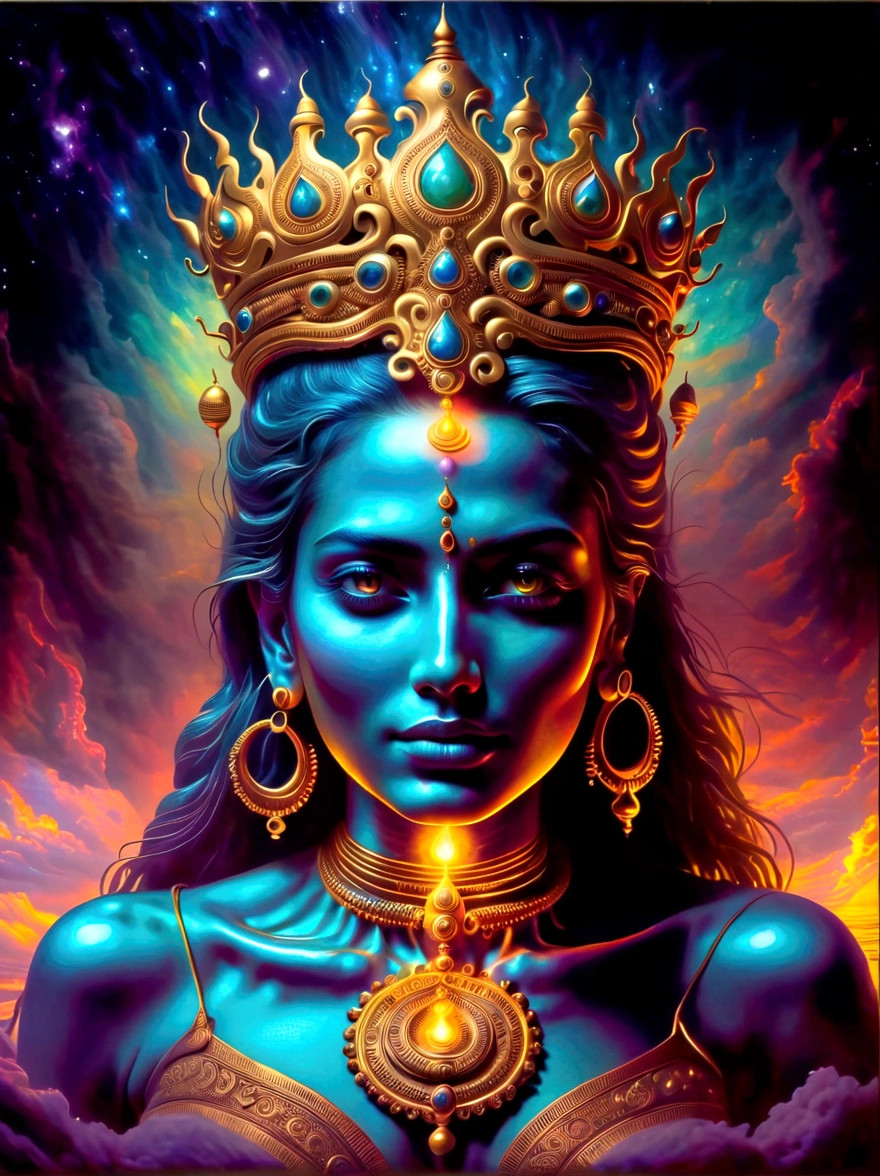 A cosmic scene featuring an extraterrestrial entity with demonic characteristics. The entity's form is composed of phosphorescent light, resembling the cosmic bodies in the dark universe around it. It is presented in a grand, epic manner, with it overlooking the Earth and radiating a mysteriously dark fire. The entity carries both esoteric and hidden aspects, akin to the Hindu god Shiva. A royal atmosphere fills the background, showcasing a large regal, intricate crown, indicative of high-ranking royal jewelry. Elements of both nature and robotics are woven into its design. The full shot is symmetrical, giving way to a balanced composition. Interplay of hyperrealistic textures and dynamic lighting creates a fantastical look. Note that the style should resemble pre-20th century romanticism in oil painting, highlighting dramatic, emotional impacts.