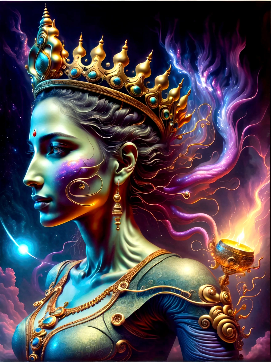 A cosmic scene featuring an extraterrestrial entity with demonic characteristics. The entity's form is composed of phosphorescent light, resembling the cosmic bodies in the dark universe around it. It is presented in a grand, epic manner, with it overlooking the Earth and radiating a mysteriously dark fire. The entity carries both esoteric and hidden aspects, akin to the Hindu god Shiva. A royal atmosphere fills the background, showcasing a large regal, intricate crown, indicative of high-ranking royal jewelry. Elements of both nature and robotics are woven into its design. The full shot is symmetrical, giving way to a balanced composition. Interplay of hyperrealistic textures and dynamic lighting creates a fantastical look. Note that the style should resemble pre-20th century romanticism in oil painting, highlighting dramatic, emotional impacts.