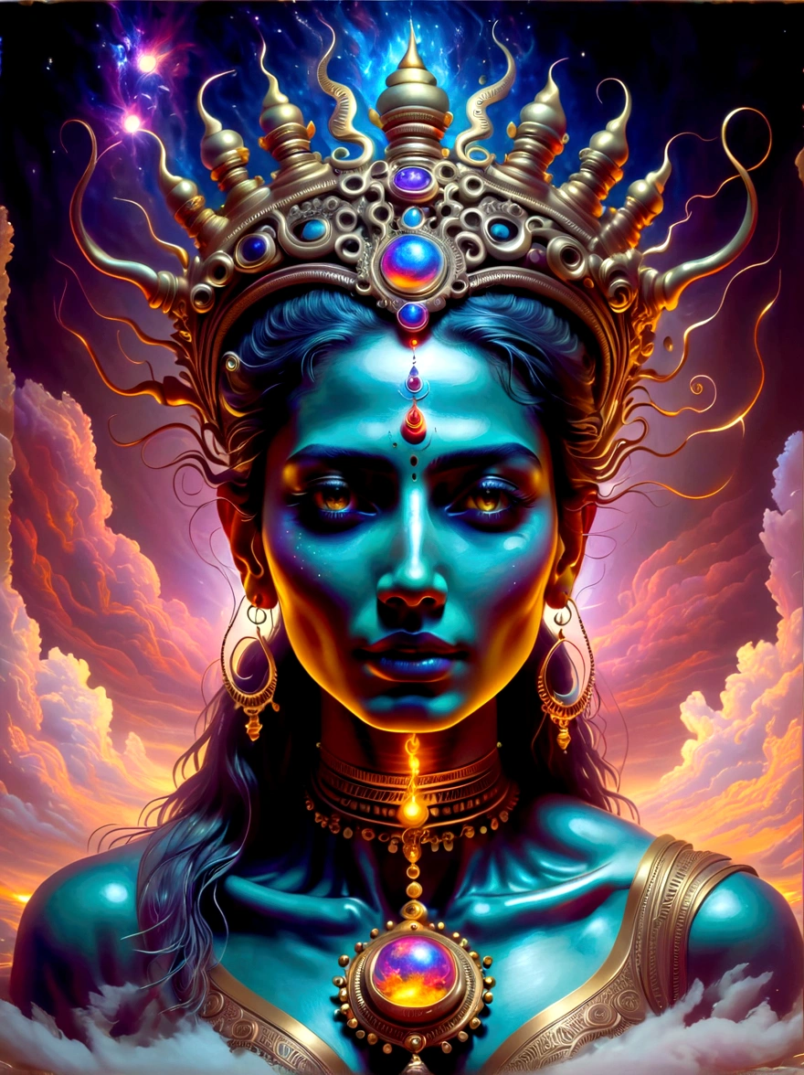 A cosmic scene featuring an extraterrestrial entity with demonic characteristics. The entity's form is composed of phosphorescent light, resembling the cosmic bodies in the dark universe around it. It is presented in a grand, epic manner, with it overlooking the Earth and radiating a mysteriously dark fire. The entity carries both esoteric and hidden aspects, akin to the Hindu god Shiva. A royal atmosphere fills the background, showcasing a large regal, intricate crown, indicative of high-ranking royal jewelry. Elements of both nature and robotics are woven into its design. The full shot is symmetrical, giving way to a balanced composition. Interplay of hyperrealistic textures and dynamic lighting creates a fantastical look. Note that the style should resemble pre-20th century romanticism in oil painting, highlighting dramatic, emotional impacts.