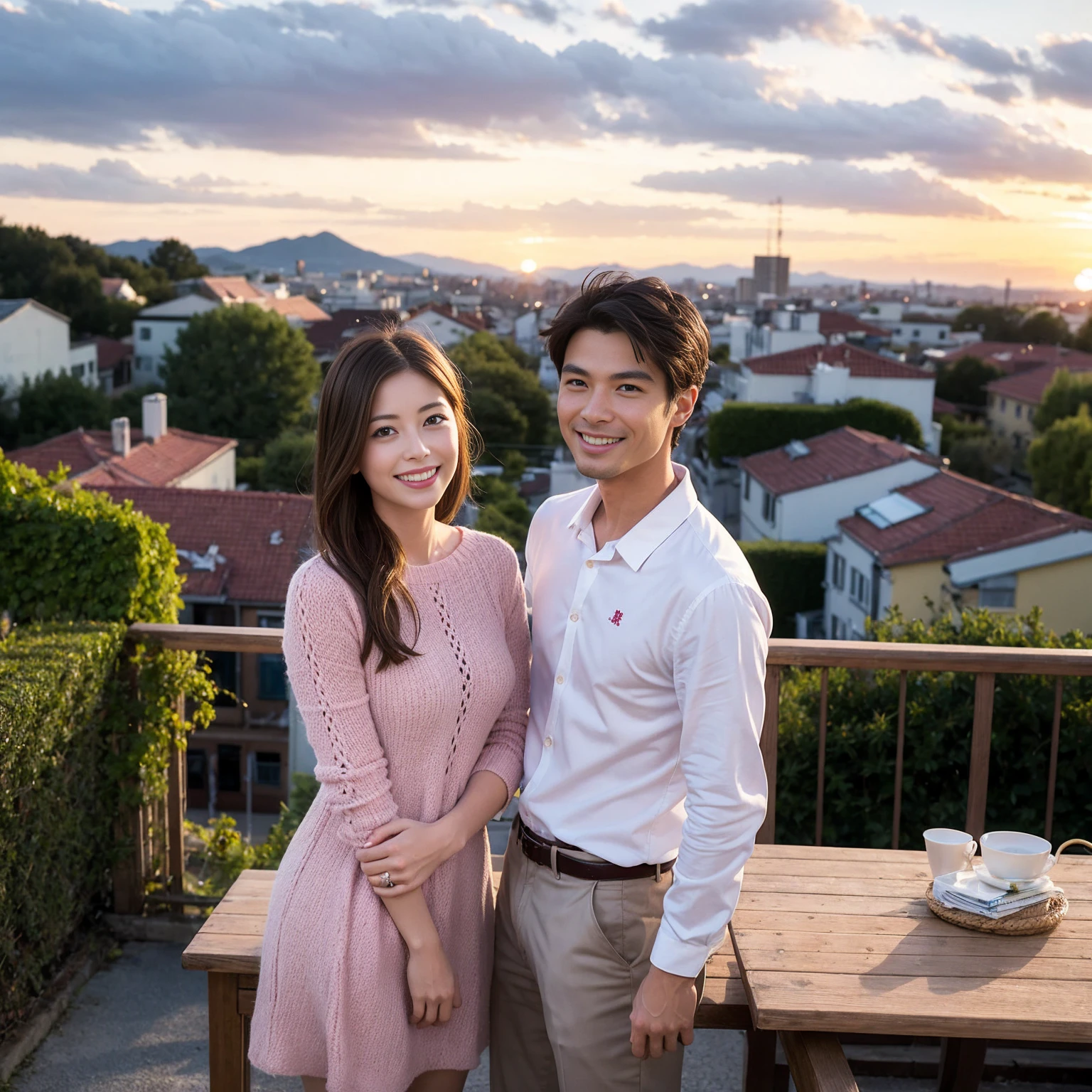 ((Highest quality、、masterpiece:1.3))、1 male、1 female、Satomi Ishihara、 age、Slim Beauty、Pink Couple、smile、 (Slim face), (the body is スリム), (Brown Hair), (Shortcuts), テーブルのフルコースディナーとwine glass、Amazing view of the sunset sky and clouds、smileの美しさ、Wine bottle、sparkling wine、Long sleeve shirt、dress、White wine, red wine, wine glass,