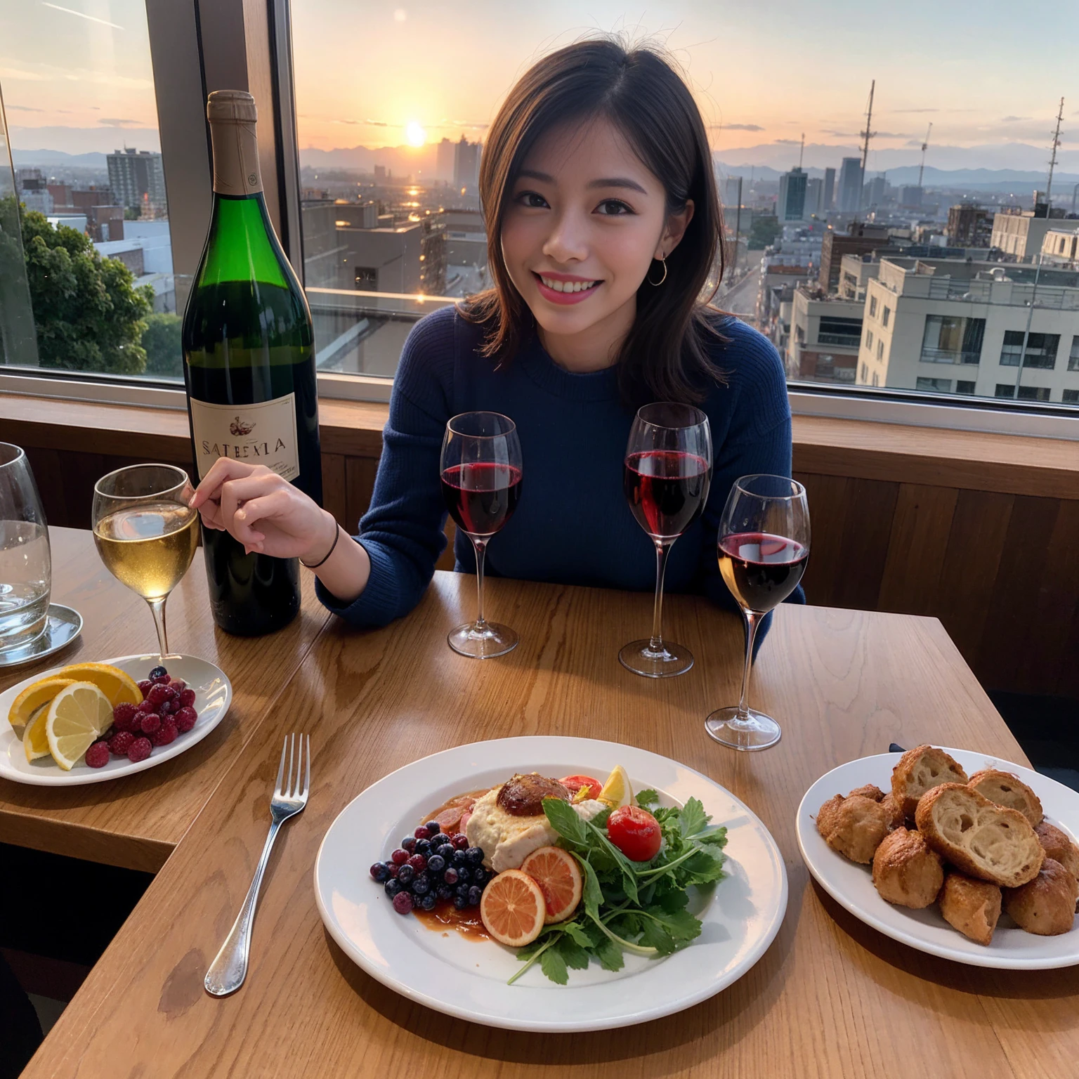 ((Highest quality、、masterpiece:1.3))、1 male、1 female、Satomi Ishihara、 age、Slim Beauty、Pink Couple、smile、 (Slim face), (the body is スリム), (Brown Hair), (Shortcuts), テーブルのフルコースディナーとwine glass、Amazing view of the sunset sky and clouds、smileの美しさ、Wine bottle、sparkling wine、Long sleeve shirt、dress、White wine, red wine, wine glass,