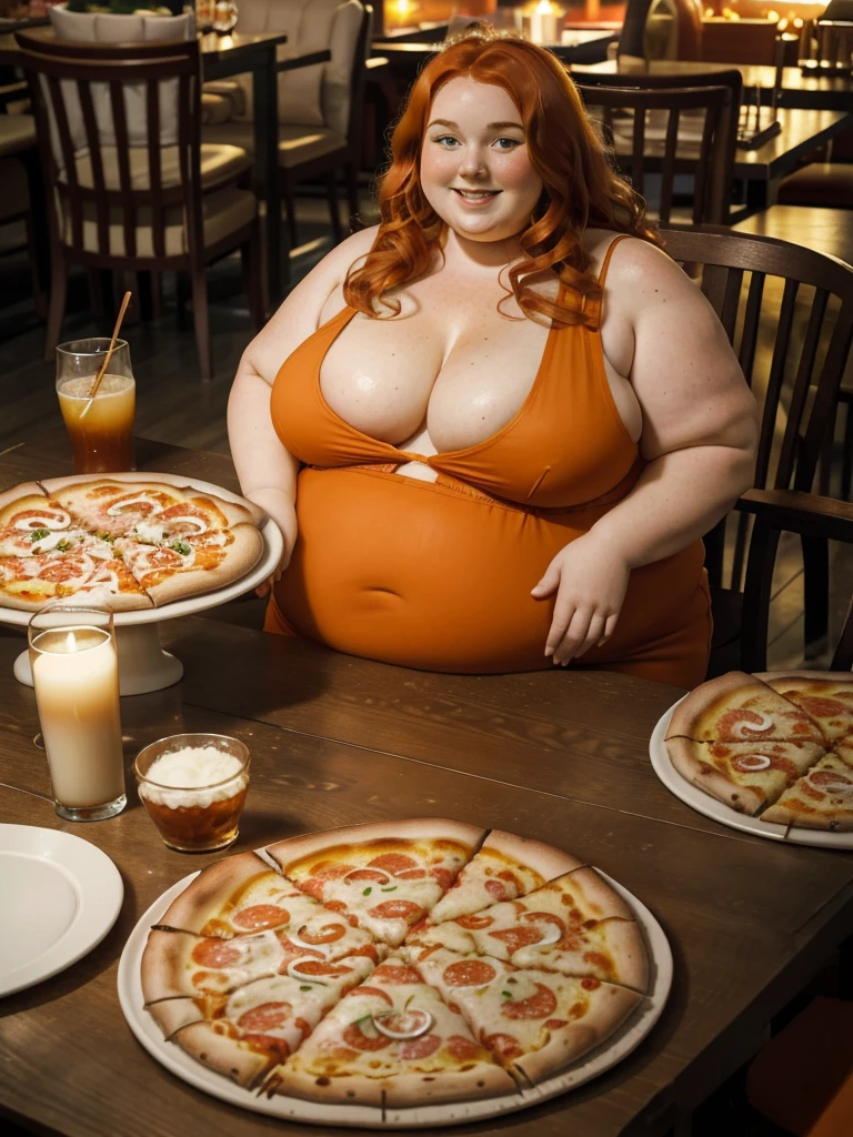 A happy and detailed photo of a cute ginger freckled SSBBW, with long wavy ginger hair, with big soft fat belly, small saggy breasts in a cute orange dress, sitting at a table in a beautiful authentic italian restaurant at night, there is one giant family-sized pizza ahead of her, she is sitting on a chair behind a table and pizza