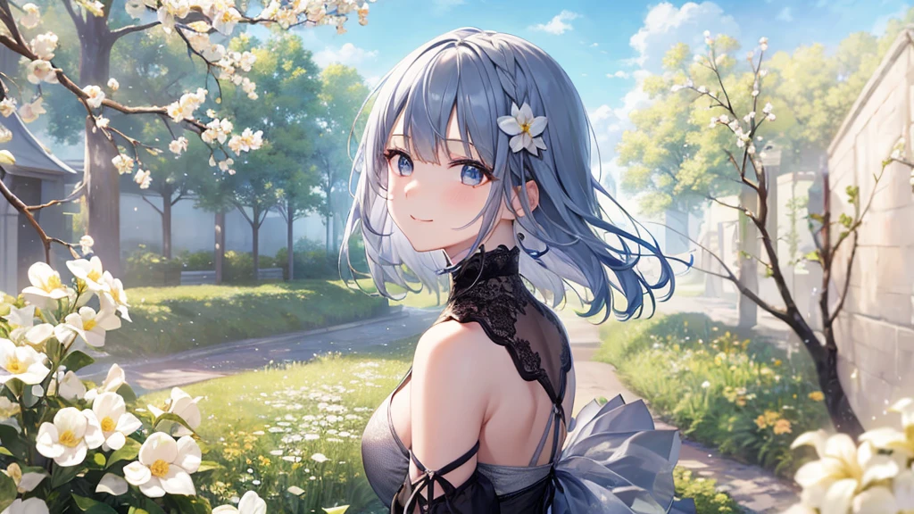 Ultra HD,Look at the viewers, Put your hands behind your back, With a girl, 20-year-old, 非常にShort Hair, Long bangs between the eyes, Pale blue eyes,  Very detailed,(masterpiece、Highest quality),Gray Hair、Laughter、Fantastic, Silver Hair, Iris,  Short hair、 Fluttering Hair、Small Face、明るいsmile、(Detailed face) ,Professional Lighting,Wonderful landscape,blue sky, sunlight,Looking down from above,Portraiture、Open your mouth、Flower Field、Her eyes were shining、Mysterious and enchanting atmosphere。With AI Painting、とてもShort Hair, Long bangs between the eyes, Very detailed,(masterpiece、Highest quality)、alone、Gray Hair、Fantasy, Silver Hair, Fantasyな風景、White shirt、smile、Open your mouth、short hair、Short Hair、hairpin、black eye、Grey Eyes、Beautiful Eyes、