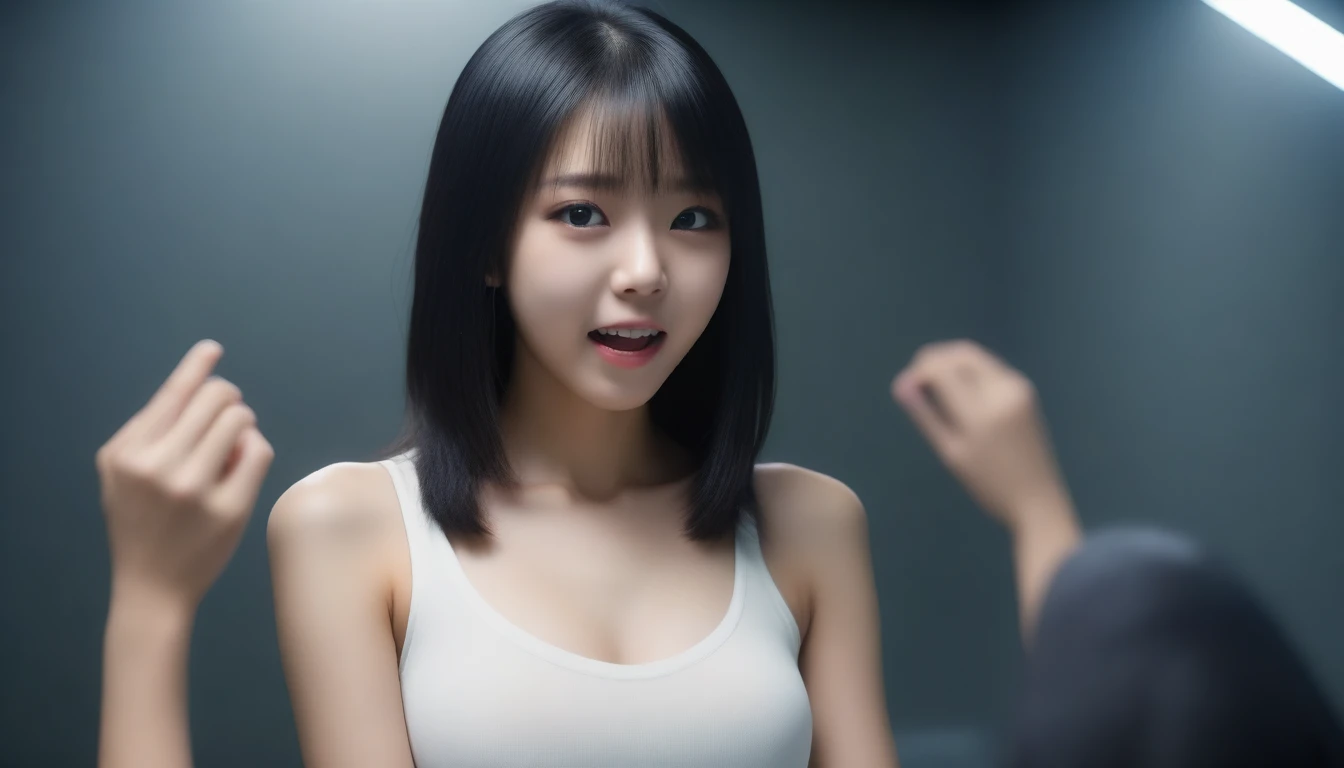 8K, Ultra-high resolution, Highest quality, masterpiece, Surreal, photograph, 1 Girl, (16 years old:1.3), pretty girl, Cute face, Beautiful eyes in every detail, 細かくdetailedに,masterpiece,, One Girl:1.2, Japan Female Announcer, hell,Encounter with a monster,Scream,despair,Scary,Dystopia,Black Hair,Long Straight Hair,Looking at the audience、beauty,Long neck、Laugh a little、Please close your mouth and laugh、(((Ideal body type))),A-cup small breasts :2,、Portraiture:2、Perfect Anatomy、鮮明なdetailed、detailed、Surreal、Light and shadow,Strong light