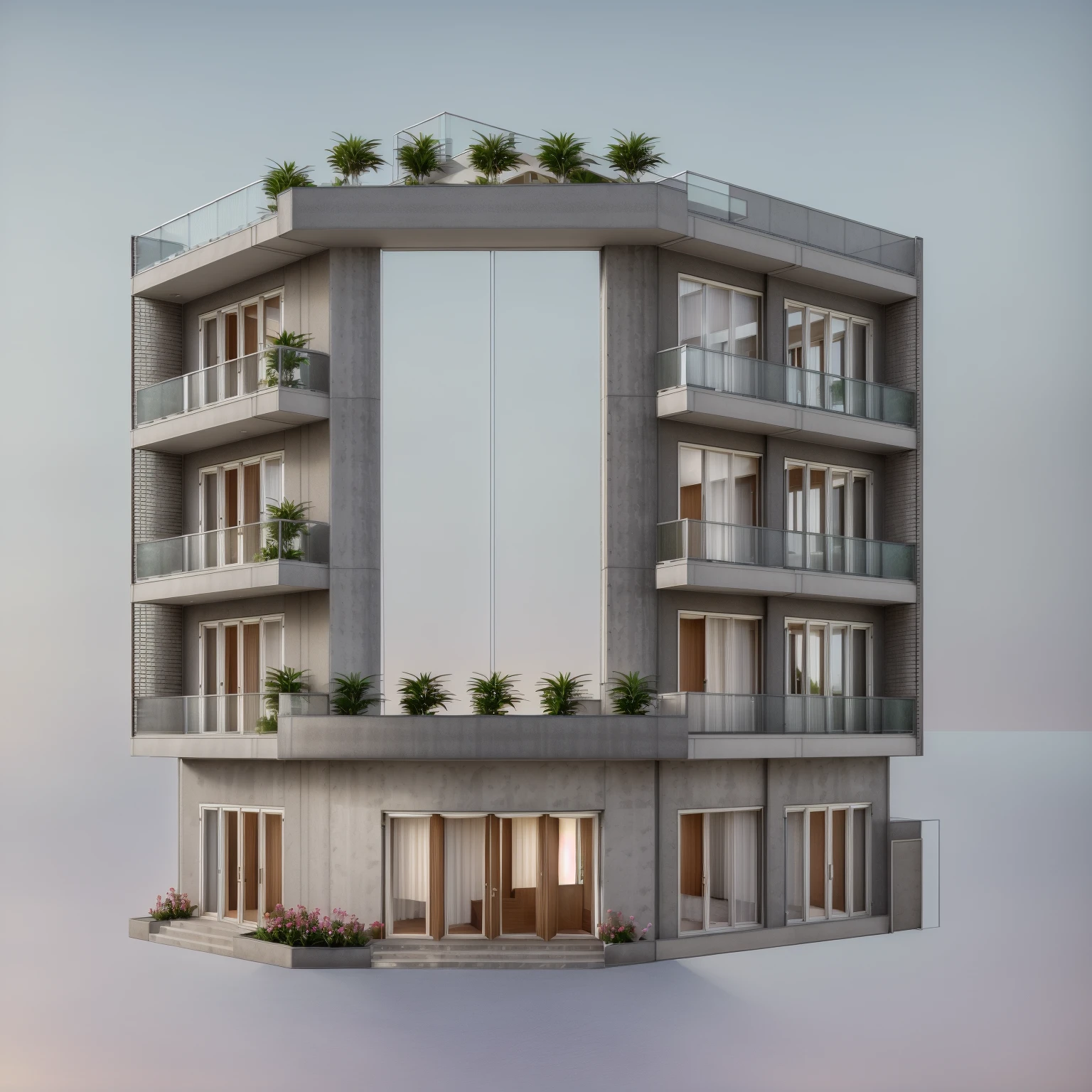 The 2-front corner townhouse has a glass railing balcony, the residential area around the townhouse has different heights and has natural light. There are flower beds, trees and asphalt roads for cars