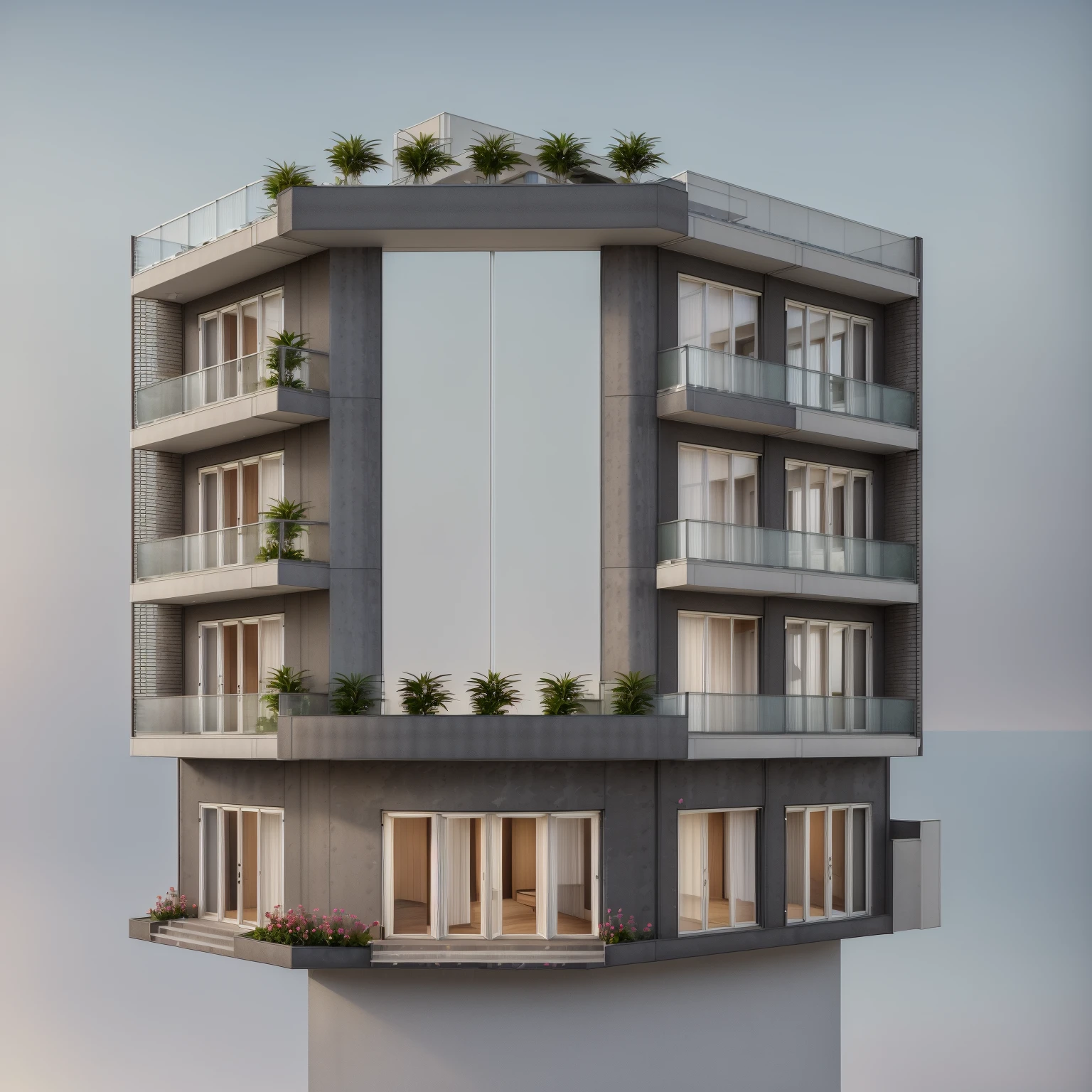 The 2-front corner townhouse has a glass railing balcony, the residential area around the townhouse has different heights and has natural light. There are flower beds, trees and asphalt roads for cars