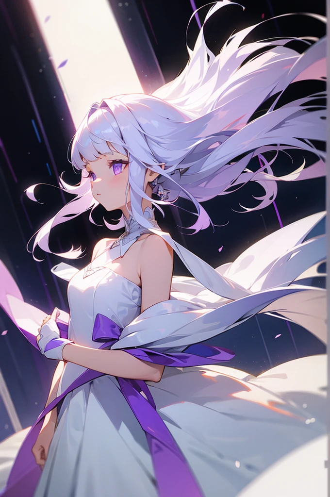 a girl with middle-long white hair, bangs, light purple eyes, promdress
