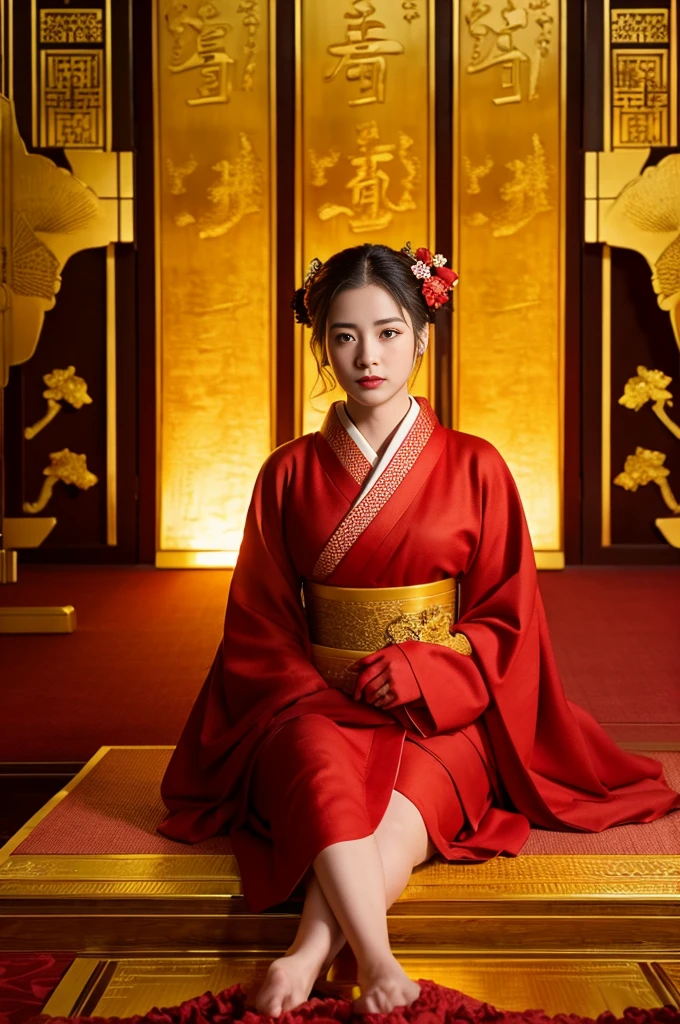 masterpiece, Highest quality、Red kimono、Cinematic atmosphere、Professional composition、Natural Body、fantasy,(sitting in front of a golden screen)、flower arrangement、tatami、looking at the camera、real、nature