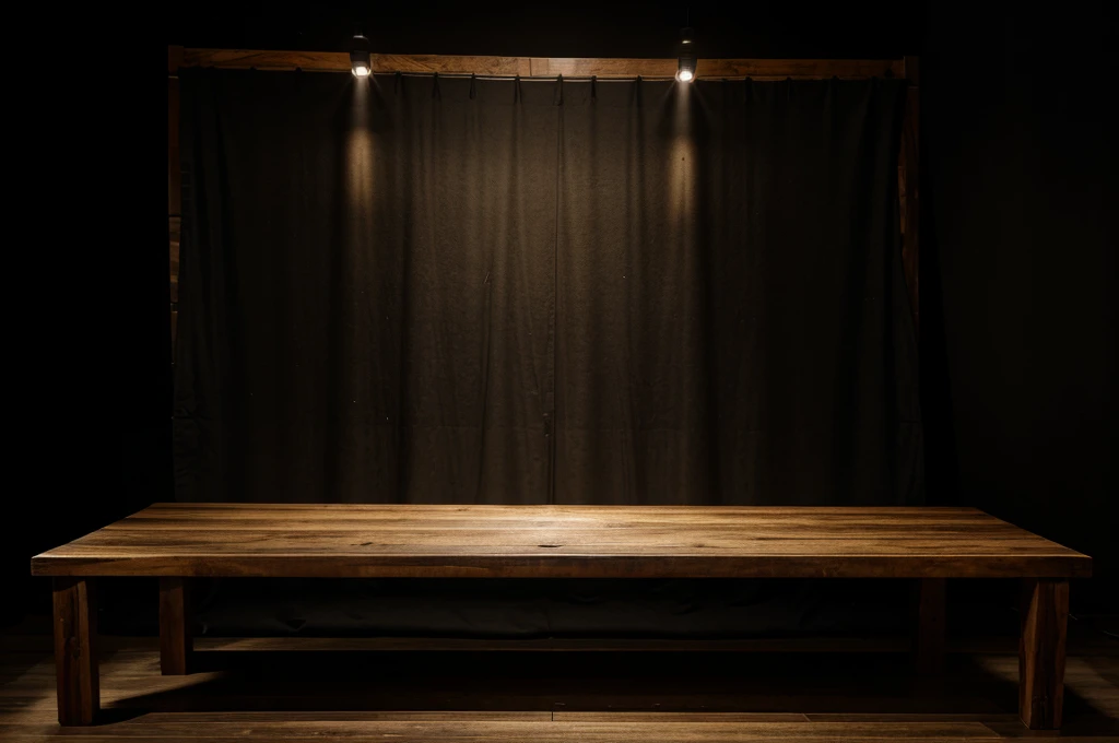 empty wooden on black backdrop with spotlight. Wood table top. can used for display or montage your products