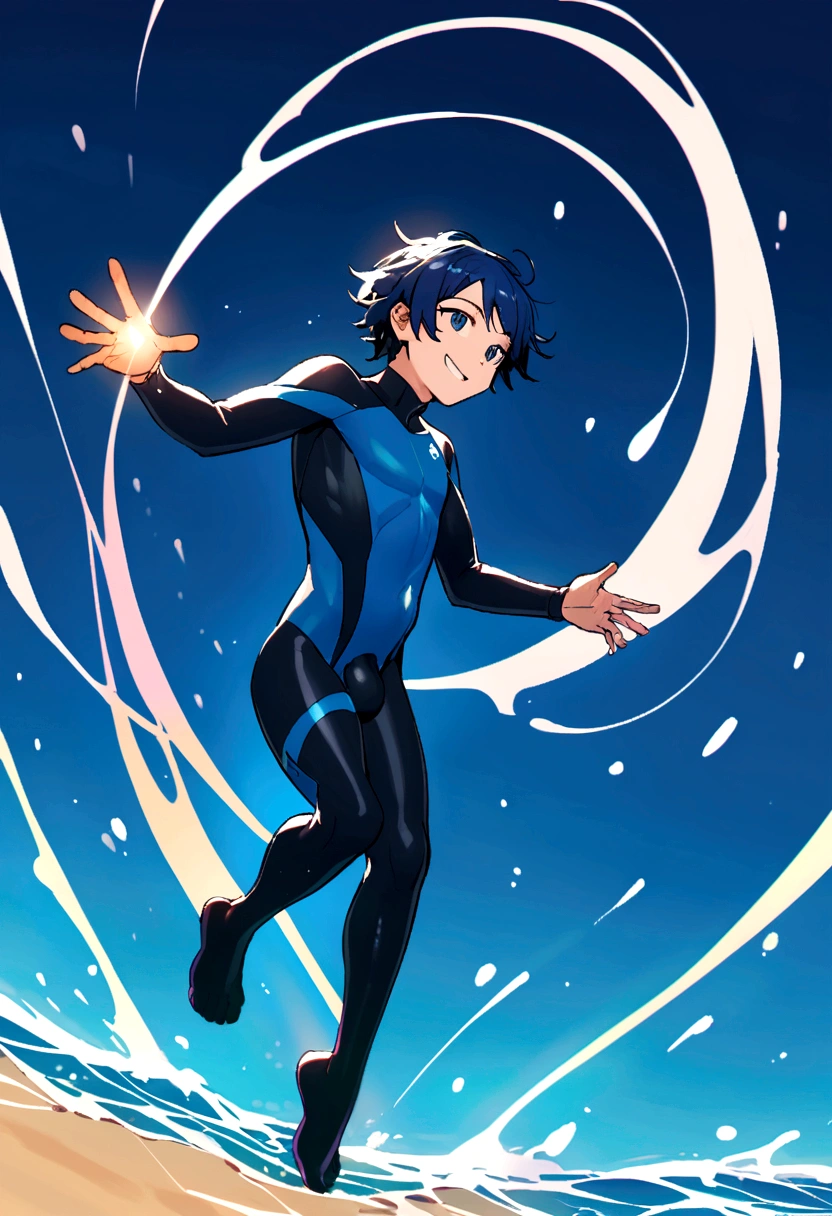 Magical smiling male water boy with dark blue hair in tight full body bluewetsuit in the sea, with noticeable wetuit bulge