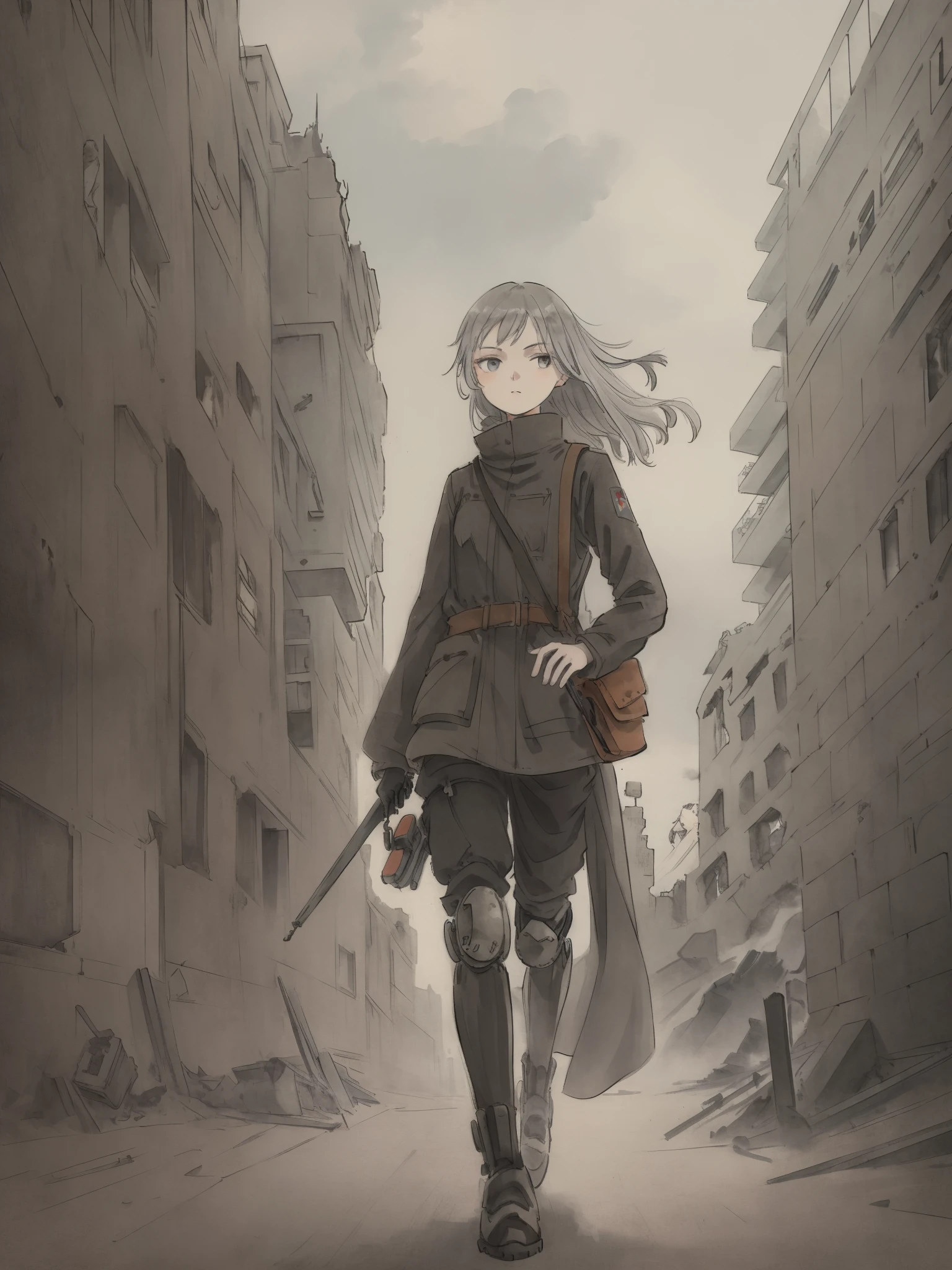 Masterpiece, Highest quality, Low Contrast((must))A Russian girl in her early 20s with ash grey hair, Head to toe full body, Fully equipped with mechanical protectors, In the ruins, The face is dense((must))