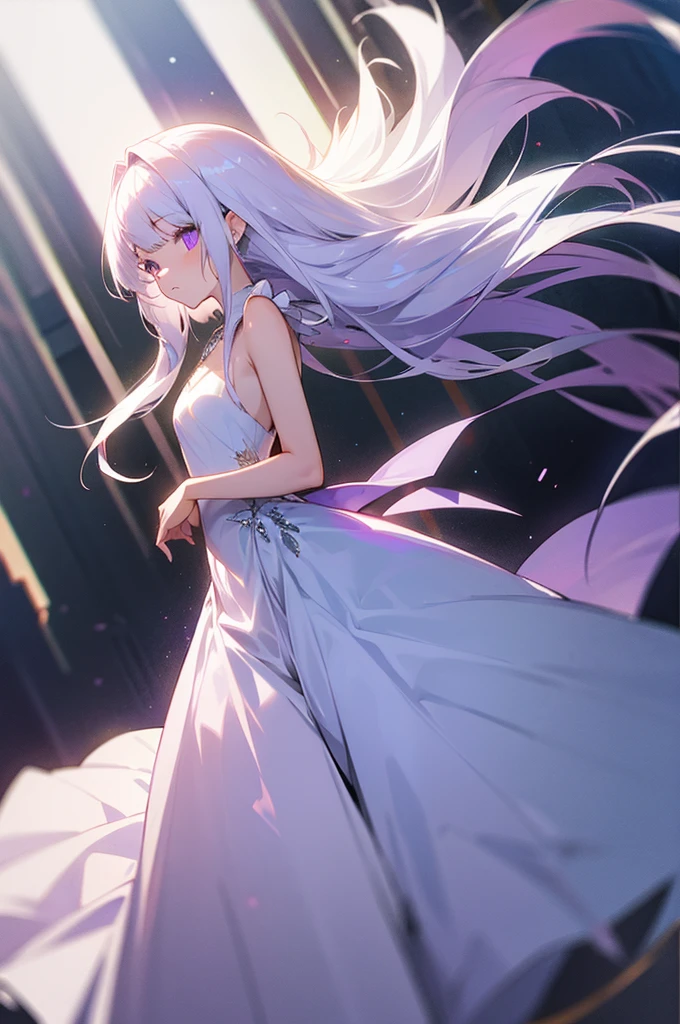 a girl with middle-long white hair, bangs, light purple eyes, promdress 