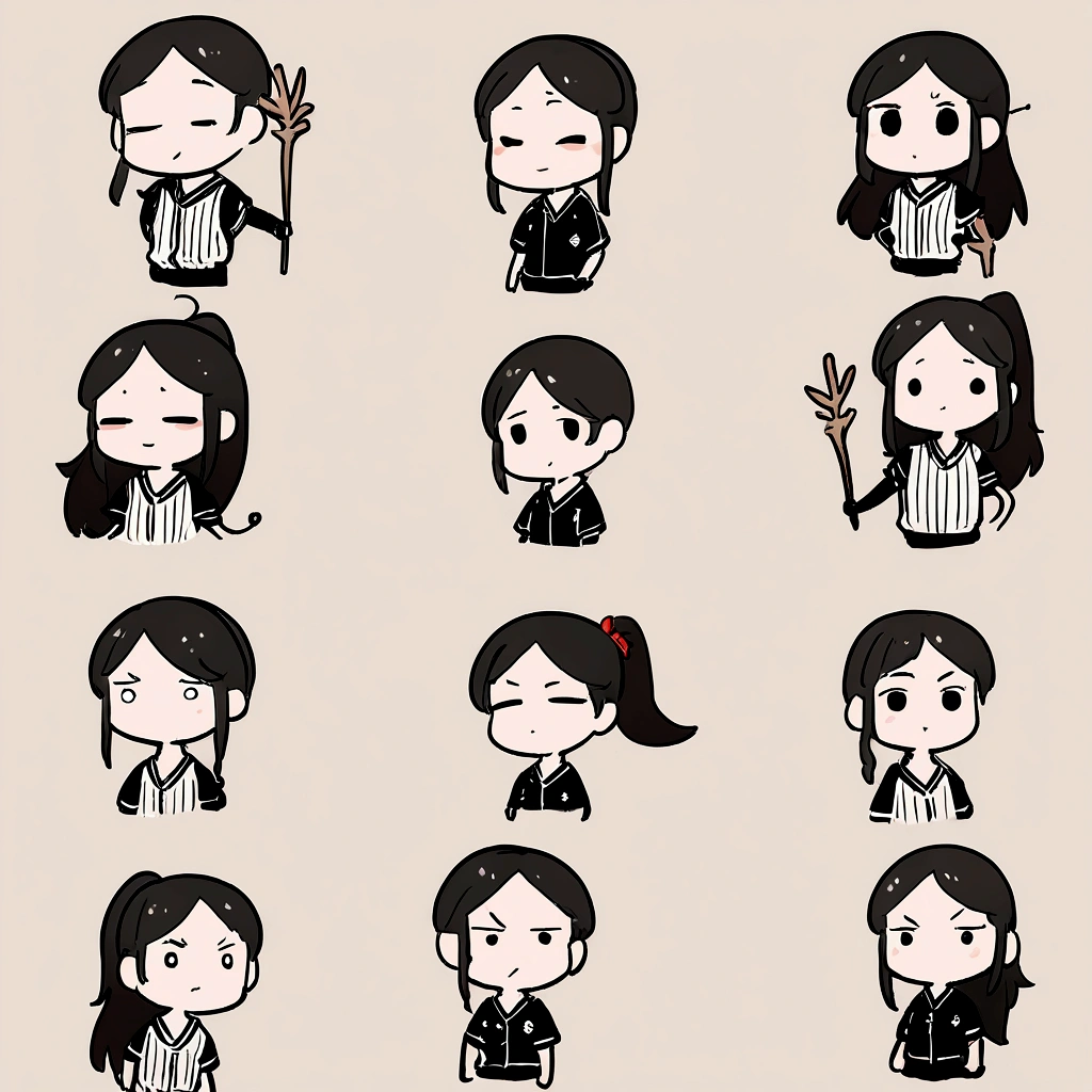 Black hair,Middle-parted bangs,Wearing a ponytail,Big and cute eyes,Watery eyes,Black eyes,Wearing brown baseball uniform,The sleeves of the baseball uniform are off-white,Mug shot,No below the neck,Stick Figure,Simple lines,individual,Cute girls,Round Face