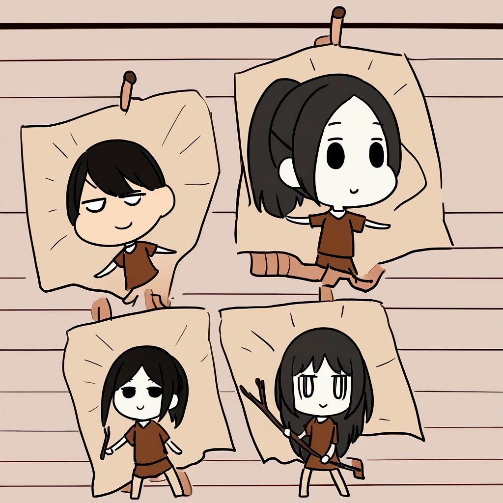 Black hair,Middle-parted bangs,Wearing a ponytail,Big and cute eyes,Watery eyes,Black eyes,Wearing brown baseball uniform,The sleeves of the baseball uniform are off-white,Mug shot,No below the neck,Stick Figure,Simple lines,individual,Cute girls,Round Face