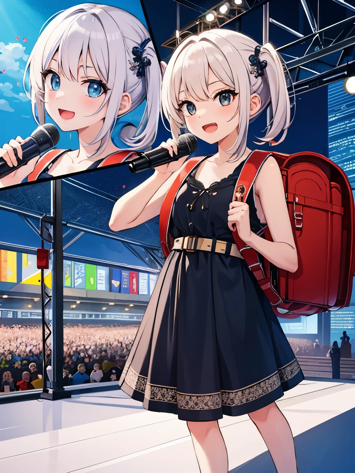 masterpiece, best quality, high resolution, extremely detailed, detailed background, cinematic lighting, 1girl, looking at viewer, singing, singer, smile, opened mouth, holding microphone, music concert, stage, wear dress, wearing red backpack, (backpack:1.2), standing, fullbody