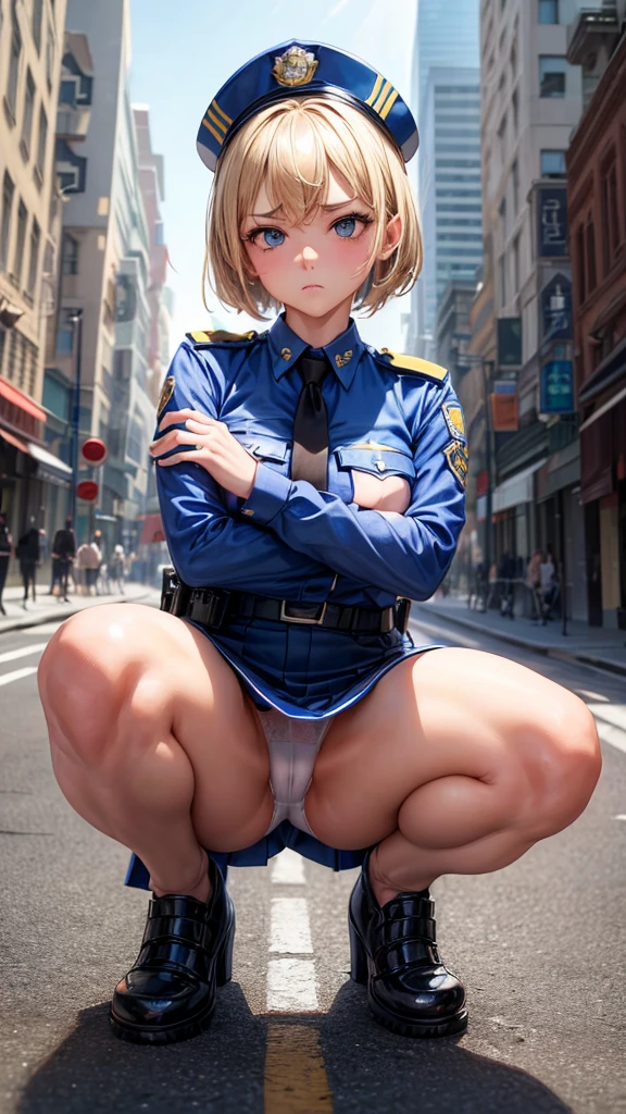 (masterpiece, highest quality, ultra high res, ultra detailed:1.3), 1 cute girl, ideal ratio body proportions, (((policewoman costume))), squatting, ((on roadway)), mini skirt, pose with legs spread, (white panties, showing off panties), shy look, from below, front view, cameltoe, blonde short hair, expression of dislike, dislike look, shy look, troubled face, look of contempt, the expression of looking at something dirty,