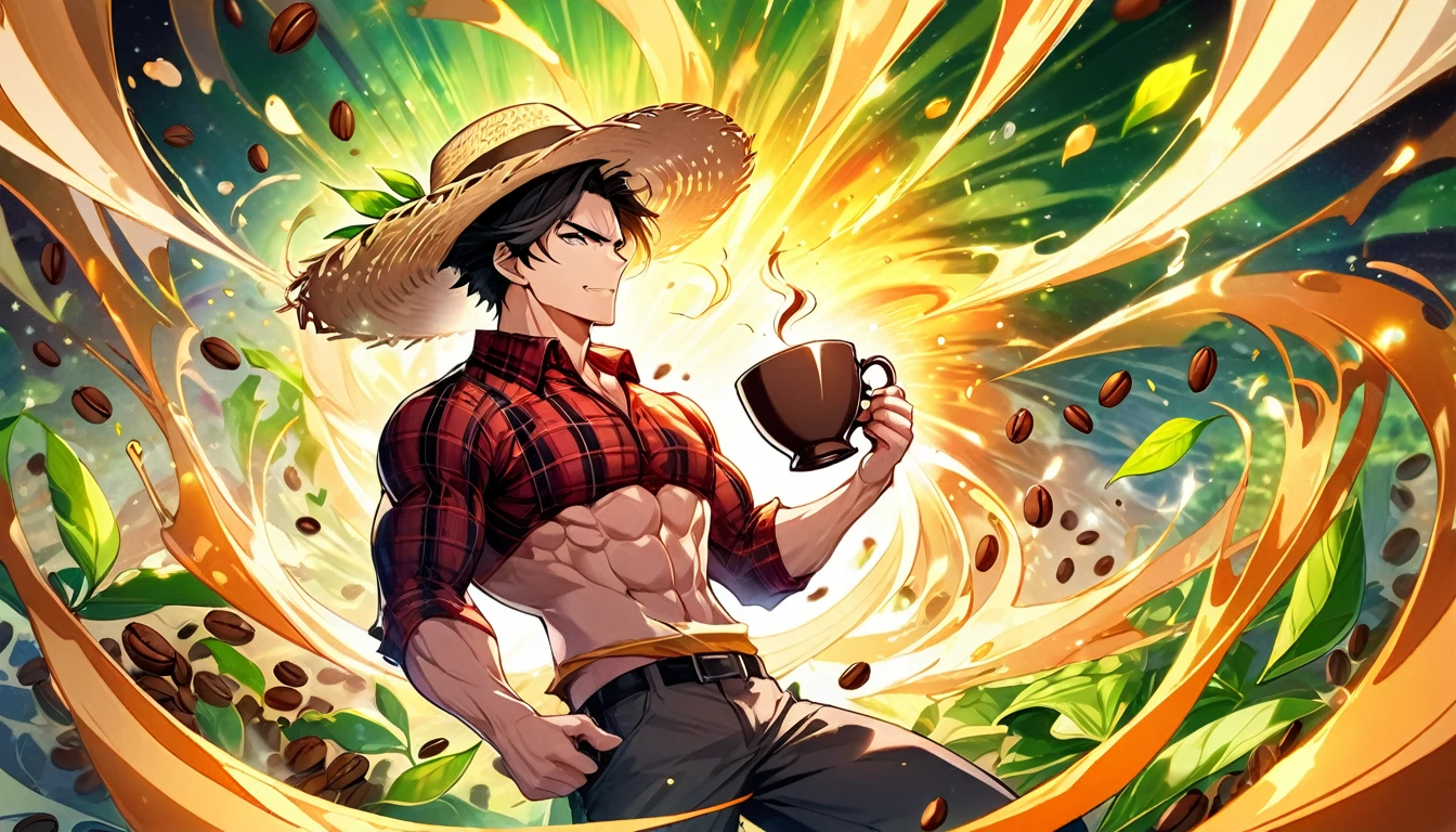 Create a vibrant, colorful image that represents the strength of coffee, in an anime style. In the center, place a steaming cup of coffee with a liquid of deep, rich color, emanating an energetic aura. Behind the cup, add a muscular country man style man, with a plaid shirt and straw hat to symbolize the energy and vitality provided by coffee. Around the cup and the man, include elements like bright coffee beans and fresh green leaves. Incorporate rays of golden light radiating from the cup to reinforce the feeling of energy. The background should be a kaleidoscope of bright colors like red, orange, yellow and green, creating a feeling of dynamism and power. The image should convey the idea that coffee is a powerful source of energy and revitalization, with an anime stylistic touch.