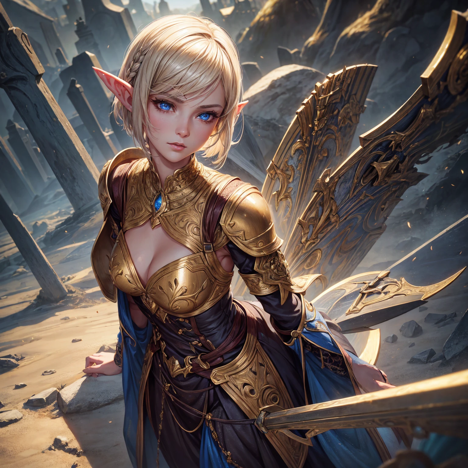 a woman, 1girl, elf, short bob gold hair, gold hair, very small breasts, long pointed ears, blue eyes, fair skin, happy face, heavy white armor plate, full body, full body, night, graveyard, light magic, very sexy body, detailed face, beautiful detailed eyes, beautiful detailed lips, extremely detailed eyes and face, long eyelashes, detailed clothing, intricate details, highly detailed, photo realistic, 8k, best quality, masterpiece, cinematic lighting, dramatic lighting, vibrant colors, fantasy, digital art, concept art