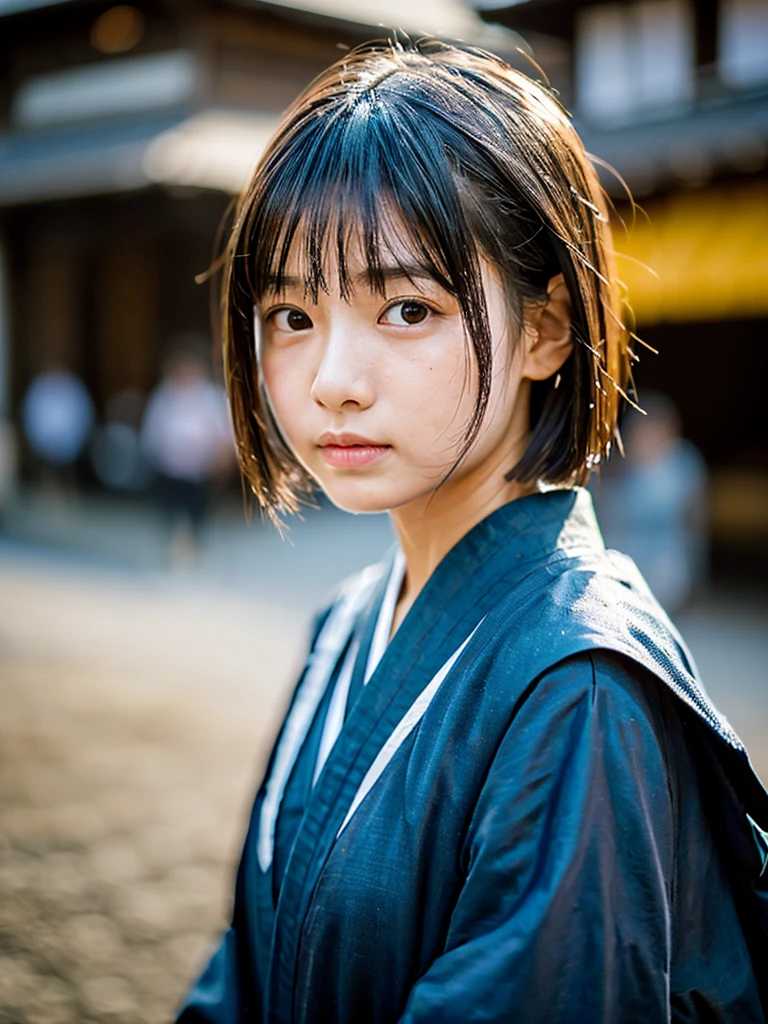 A baby faced, adorably cute Japanese girl, wearing a ronin samurai costume, unsheathing her katana sword, at the bustling street of edo period Tokyo at the dusk, realistic mouth, perfect eyes, thin lips, blushing cheeks, symmetrical face, bare face no make-up, accurate face, with realistic natural skin, soaked in sweat, subtle pores, tiny wrinkles, highly detailed skin, short-length hair, ponytail hairstyle, messy hair, voluminous hair, realistic background, natural background, realistic perspective, accurate perspective, realistic proportion, realistic reflection, best quality photos, hyper-realistic, photorealistic, realism, highly detailed, masterpiece, conceptual photography, fine-art photography, natural lighting, dynamic lighting, key visual, film still, 8K photo, UHD, HDR, taken with Canon EOS-1D X Mark III, depth of field, Technicolor, Panavision, cinemascope, cinematic color grading, dramatic angle, extreme angle shot