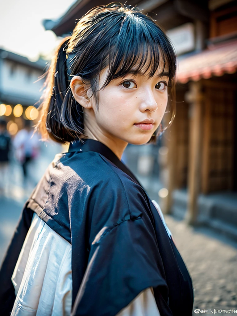 A , adorably cute Japanese girl, wearing a ronin samurai costume, unsheathing her katana sword, at the bustling street of edo period Tokyo at the dusk, realistic mouth, perfect eyes, thin lips, blushing cheeks, symmetrical face, bare face no make-up, accurate face, with realistic natural skin, soaked in sweat, subtle pores, tiny wrinkles, highly detailed skin, short-length hair, ponytail hairstyle, messy hair, voluminous hair, realistic background, natural background, realistic perspective, accurate perspective, realistic proportion, realistic reflection, best quality photos, hyper-realistic, photorealistic, realism, highly detailed, masterpiece, conceptual photography, fine-art photography, natural lighting, dynamic lighting, key visual, film still, 8K photo, UHD, HDR, taken with Canon EOS-1D X Mark III, depth of field, Technicolor, Panavision, cinemascope, cinematic color grading, dramatic angle, extreme angle shot