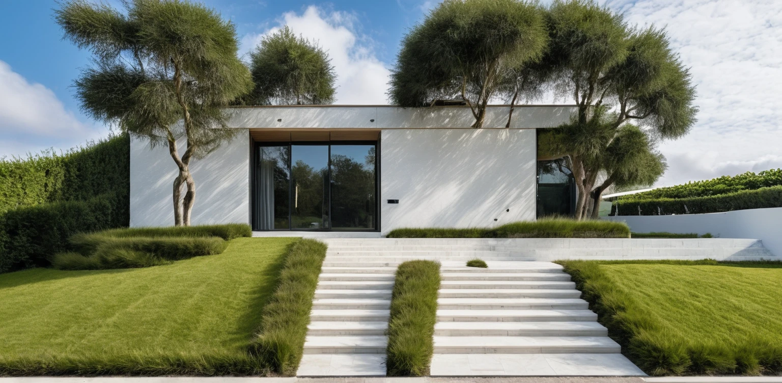 Masterpiece, high quality, best quality, authentic, super detail, outdoors, onestoreyvillaXL, aiaigroup, house style modern on the street ,stairs, white wall ,road,pavement, grass, trees, sky, cloud, (daylight:1.1)