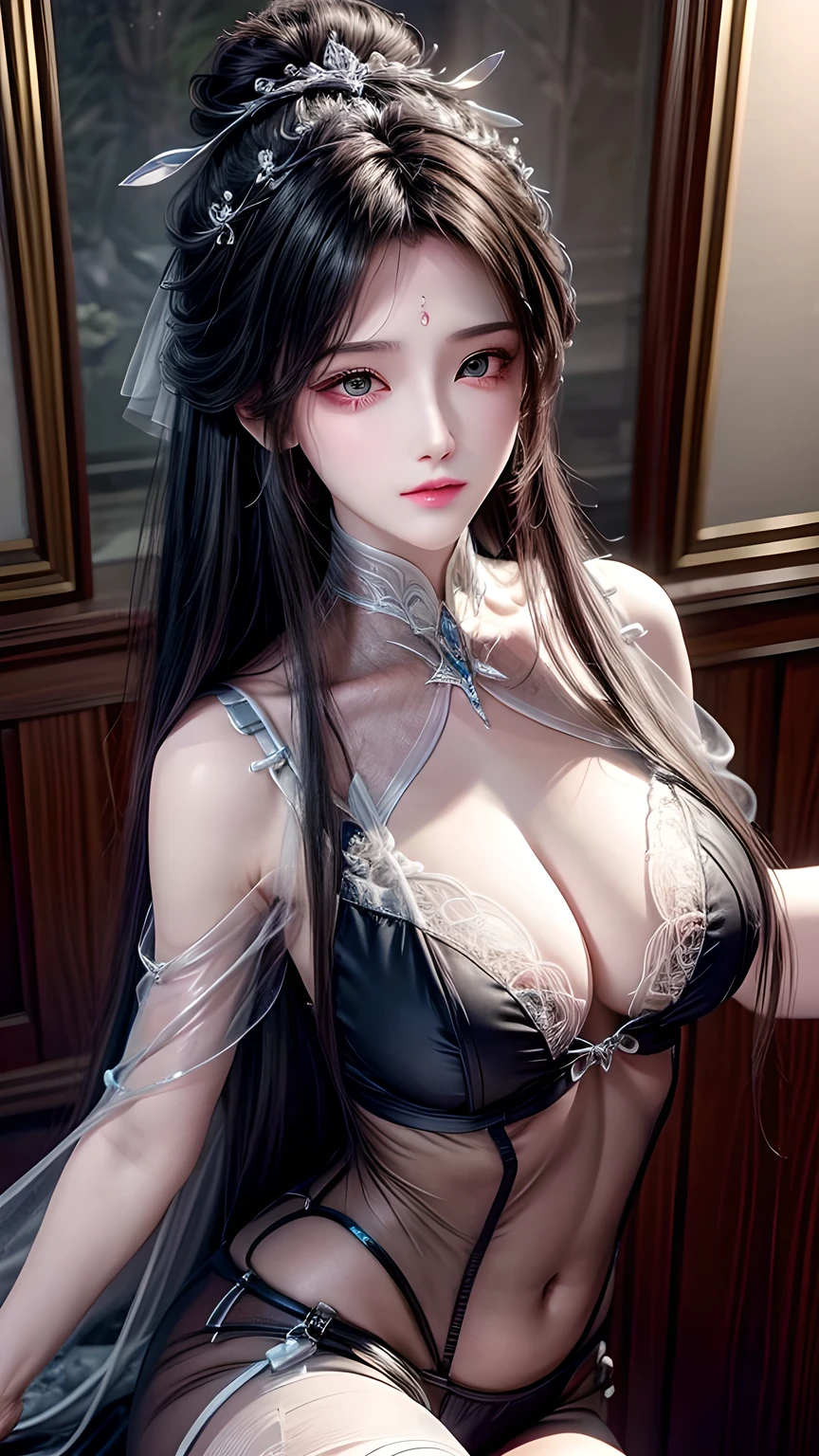 best quality, masterpiece, Big , (Large Breasts), Delicate skin texture, Detailed fabric texture, Delicate face, Super Detail, 8K, Intricate details, 1 Girl, 30 years old, High contrast, High resolution eyes, Black hair goddess，Royal sister，Sexy long legs。