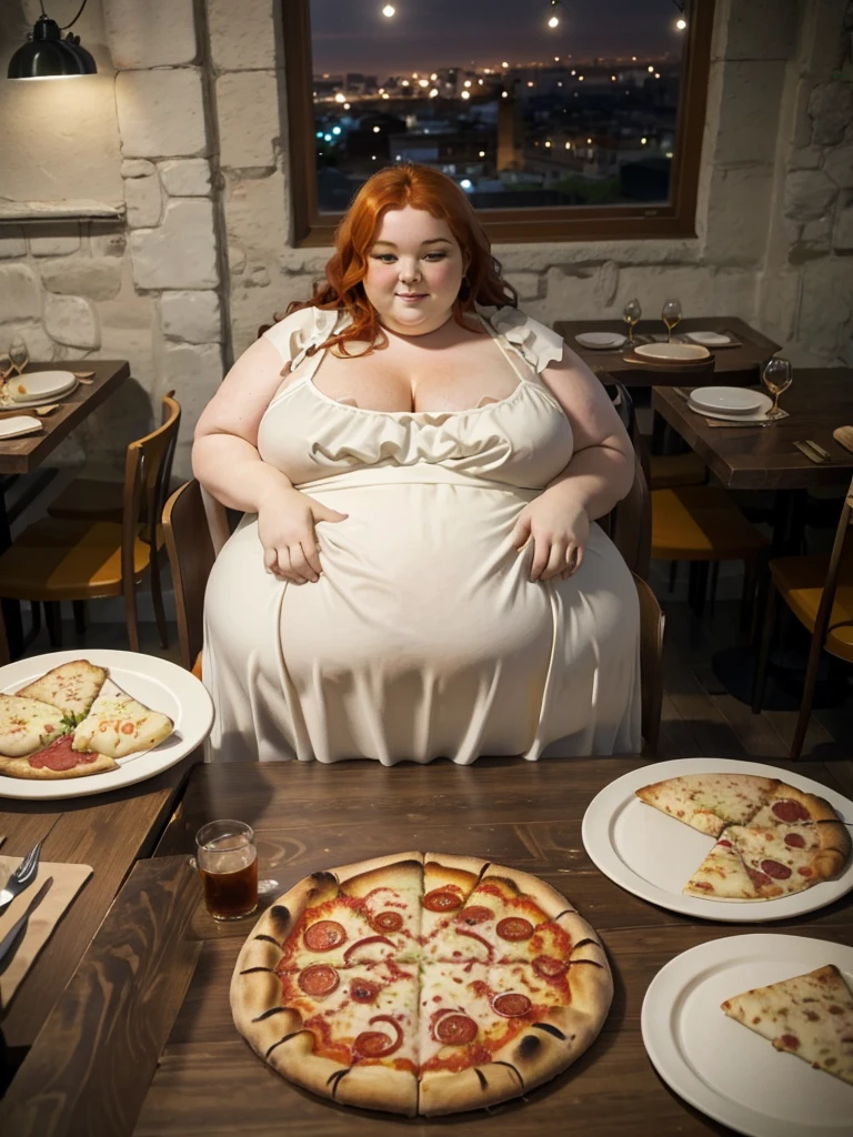 A Pov you are on a date, Pov happy and detailed photo of a cute ginger freckled SSBBW, with long wavy ginger hair, with big soft fat belly, small saggy breasts in a cute orange dress, sitting at a table in a beautiful authentic italian restaurant at night, there is one giant family-sized pizza ahead of her, she is sitting on a chair behind a table and pizza
