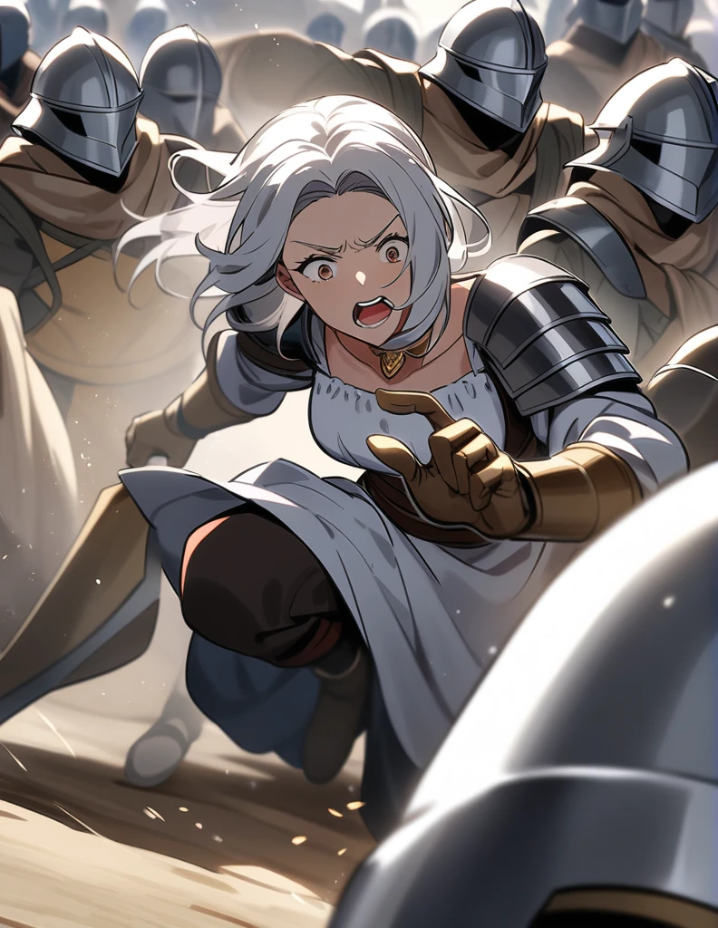 milf Greek woman with white hair, brown eyes, peasant clothes, being attacked and thrown to the ground by knights wearing shiny silver armor