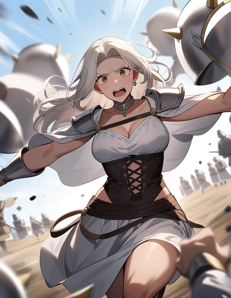 milf Greek woman with white hair, brown eyes, peasant clothes, being attacked and thrown to the ground by knights wearing shiny silver armor