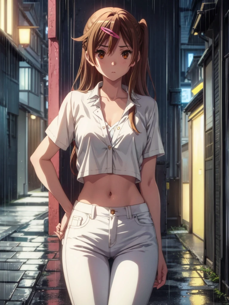 Girl, tight light blue jeans, Unbuttoned shirt on a naked body, Bare breasts, chest visible, street background, Narrow passage between houses, night, rain, slim body, In full growth, Sneakers, slim ass, small breast