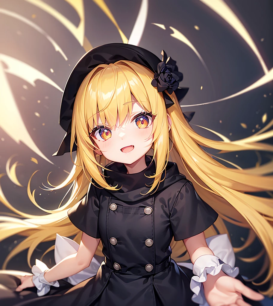 (laugh),e litiny ,Small girildish face, Very fine clean face,Top quality, Big eyes,Straight Hair,Yellow hair,Crimson Eye,(Dark Room), Subtle light, Soft lighting,Light from directly behind, (Are standing),Front view,prison