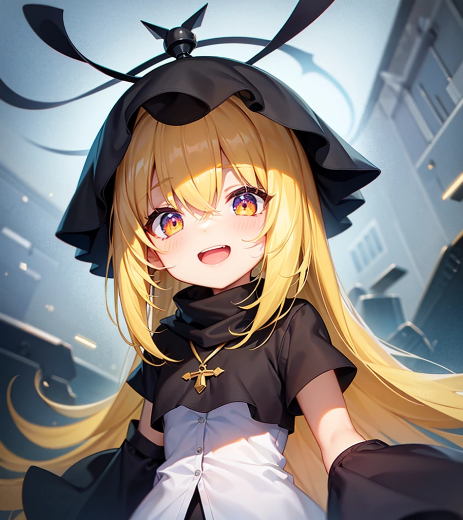 (laugh),e litiny ,Small girildish face, Very fine clean face,Top quality, Big eyes,Straight Hair,Yellow hair,Crimson Eye,(Dark Room), Subtle light, Soft lighting,Light from directly behind, (Are standing),Front view,prison