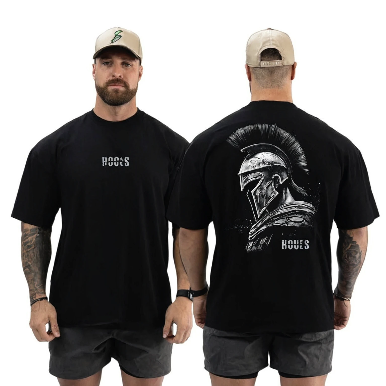 a man wearing a black shirt with a helmet, black shirt underneath armor, badass clothing, front and back, future soldier outfit, front and back view, by Pogus Caesar, brutal black clothes, dressed in spartan armour, black tee, spartan, official product photo, spartan warrior, official product image, front side views full, black tee