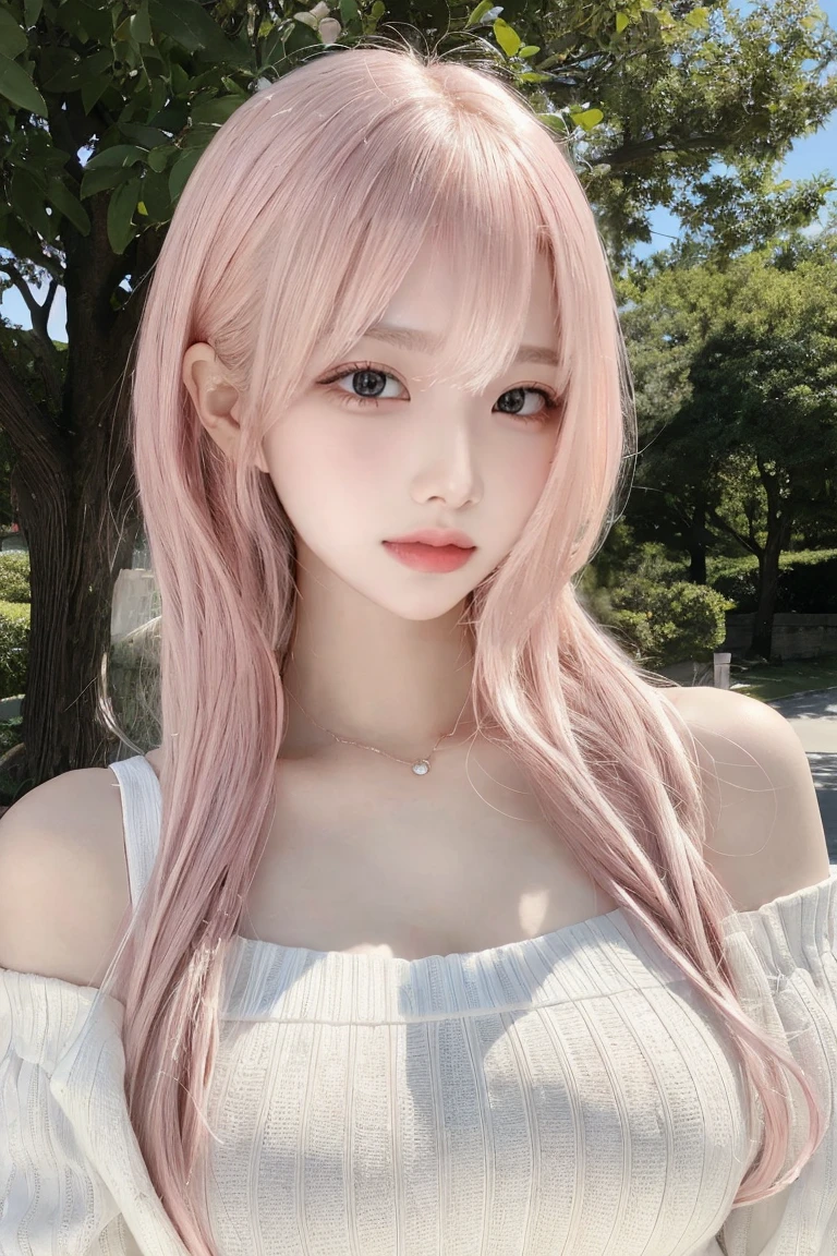 Pink Hair、masterpiece、Highest quality、Extremely detailed 8K、Ultra HD、Very detailedな、Very detailed、Very realistic、Photo realistic、Japanese、One Girl、High head rate、Beautiful realistic face、Realistic face in every detail、High detail, Realistic Hair、Beautiful and realistic hairstyles、Beautiful and realistic eyes、hVery detailed realistic eyes、Proportional eyes、HVery detailed pupils、Very detailedリアルな自然な眉毛、Very detailedリアルな唇、 Beautiful and realistic lips、Pink lipstick、y lips、Realistic and well-proportioned brealistic medium sized breasts、SlVery detailed皮膚、Full body image、White cable knit dress:1.1、On a university campus:1.2