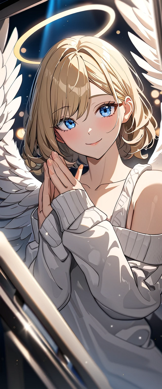 (((One girl))), (((cowboy shot))), ((flying)), ((angel, big big white wings:1.2, halo:1.3)), Uriel, ((wavy hair, outward curled hair)), evening, Sunset, ((blond hair, bob cut:1.3)), breasts, ager, (looking at viewer), oversized clothes, puffy long sleeves, collarbone, ((off-shoulder sweater dress:1.3, Quite thick shoulder straps)), (((sleeves past wrists:1.3))), ((white sweater)), collarbone, head tilt:1.3, (((blue eye))), ((happy smile)), (((anime style))), (best quality, 4K, 8K, highres, masterpiece:1.2, ultra-detailed, ultra-detailed eyes, HDR, uhd, studio lighting, ultra-fine painting, sharp focus, physically-based rendering, extreme detail description, professional, vivid colors, bokeh), ((Highest quality, Best image quality, Ultra-high resolution, Ultra-high resolution, solo, Strong eye highlights)), Depth of written boundary, Natural soft light, attractive, Beautiful Face, Cleanliness, Pure Face, medium chest, Beautiful Face, Perfect Fingers, Perfect hands, Perfect body, Perfect Face, Shine a light into your eyes, Perfect Anatomy
