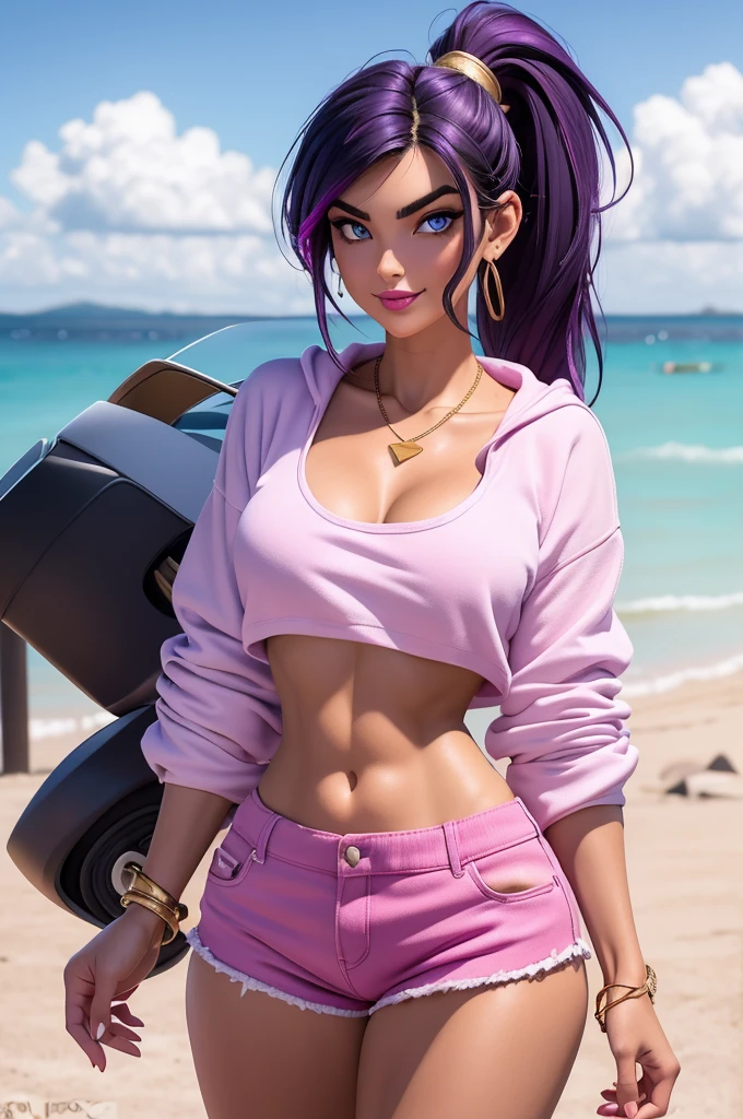 beautiful, 18 year old girl, slim body, (black hair [purple highlights]), blue eyes, pink lipstick, mascara, blush, beautiful eyebrows, white crop top hoodie, soft skin, gold necklace, ponytail, short shorts, smirk, on the beach, (full body shot), looking back at the viewer