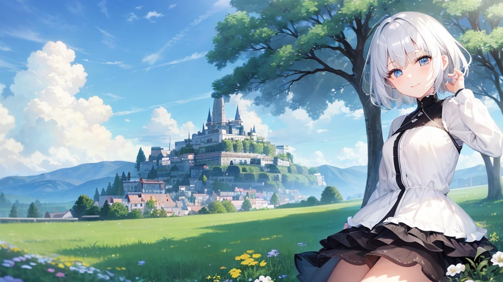 Ultra HD,Look at the viewers, Put your hands behind your back, With a girl, 20-year-old, 非常にShort Hair, Long bangs between the eyes, Pale blue eyes, Very detailed,(masterpiece、Highest quality),Gray Hair、Laughter、Fantastic, Silver Hair, Iris, Short hair、 Fluttering Hair、Small Face、明るいsmile、(Detailed face) ,Professional Lighting,Wonderful landscape,blue sky, sunlight,Looking down from above,Portraiture、Open your mouth、Flower Field、Her eyes were shining、Mysterious and enchanting atmosphere。With AI Painting、とてもShort Hair, Long bangs between the eyes, Very detailed,(masterpiece、Highest quality)、alone、Gray Hair、Fantasy, Silver Hair, Fantasyな風景、White shirt、smile、Open your mouth、short hair、Short Hair、hairpin、black eye、Grey Eyes、Beautiful Eyes、