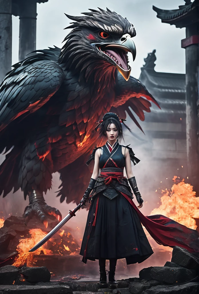 a blood girl, and a huge fire eagle, made of smoke, wearing a warrior outfit complete with armor floating around the ruins of an ancient temple, inspired by Japanese gods, carrying a huge divine sword, temple background, Japan, dark, horror vibes, gothic, smoke, fire, big add some big snakes in the back, Japanese mythical gods, evil smile, crazy eyes, eye patch, fuji colors, high detail, high quality, accurate