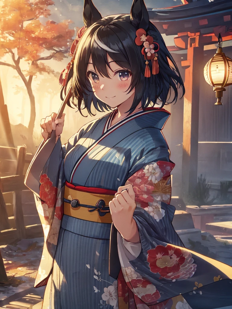 ((masterpiece,Highest quality)), Movie angle,Game CG,Dutch Angle ,Beautiful attention to detail,Five Fingers, Perfect hands,Cowboy Shot,Confused, Kitasan_black_umamusume,   Animal ears, short hair, Striped Hair, hair ornaments, Medium chest, Horse tail,(Long-sleeved kimono:1.5),colorful,nice,(Long faux fur),hairpin,  alone, smile, blush,Are standing,Looking at the audience,shrine,