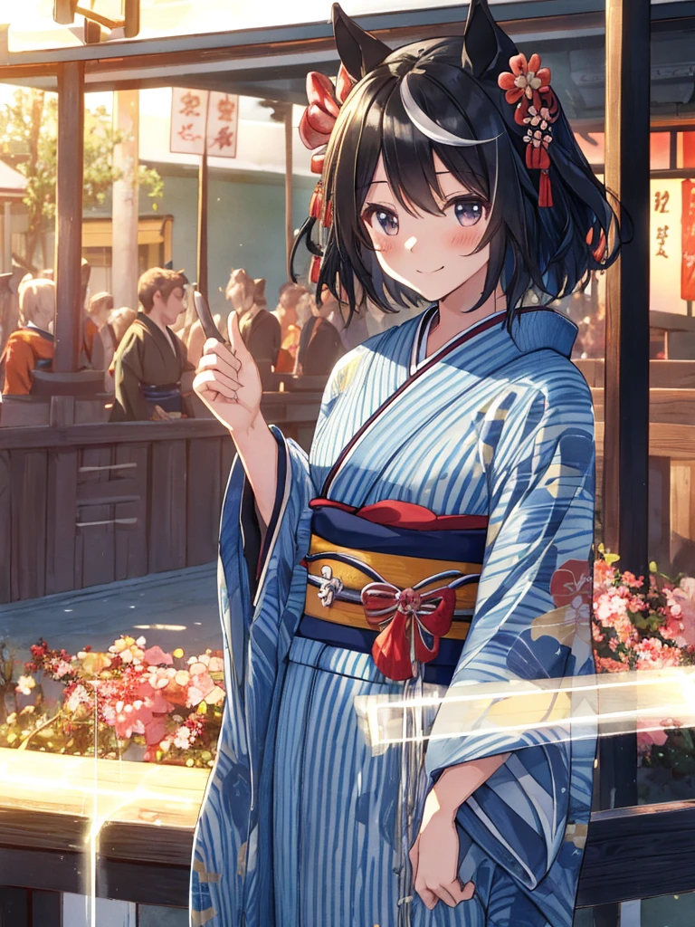 ((masterpiece,Highest quality)), Movie angle,Game CG,Dutch Angle ,Beautiful attention to detail,Five Fingers, Perfect hands,Cowboy Shot,Confused, Kitasan_black_umamusume, Animal ears, short hair, Striped Hair, hair ornaments, Medium chest, Horse tail,(Long-sleeved kimono:1.5),colorful,nice,(Long faux fur),hairpin, alone, smile, blush,Are standing,Looking at the audience,shrine,