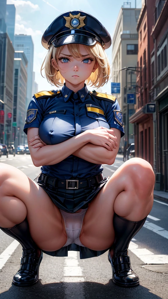(masterpiece, highest quality, ultra high res, ultra detailed:1.3), 1 cute girl, ideal ratio body proportions, (((policewoman costume))), squatting, ((on roadway)), mini skirt, pose with legs spread, (white panties, showing off panties), shy look, from below, front view, cameltoe, blonde short hair, expression of dislike, dislike look, shy look, troubled face, look of contempt, the expression of looking at something dirty, clothes covered nipples,