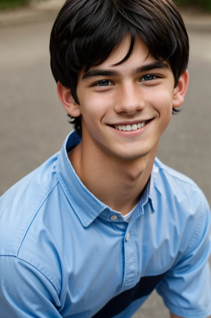 16 year old boy, short straight black hair, blue eyes, smiling and with little ears.